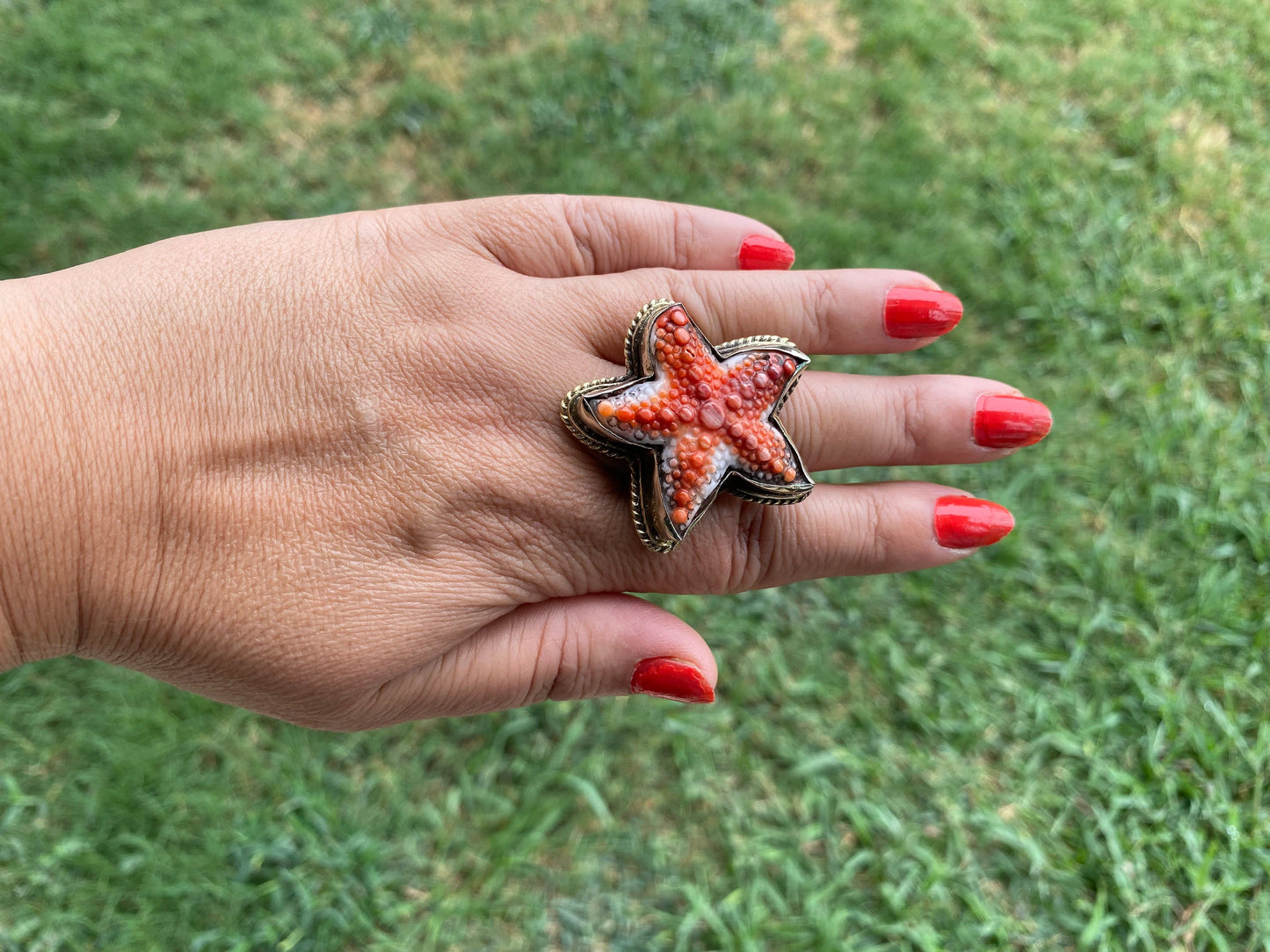 Starfish Adjustable Ring, Spiny Oyster Shell Tibetan Silver, Starfish Designs Jewelry, Southwest Ring, Statement Ring, Native American Style