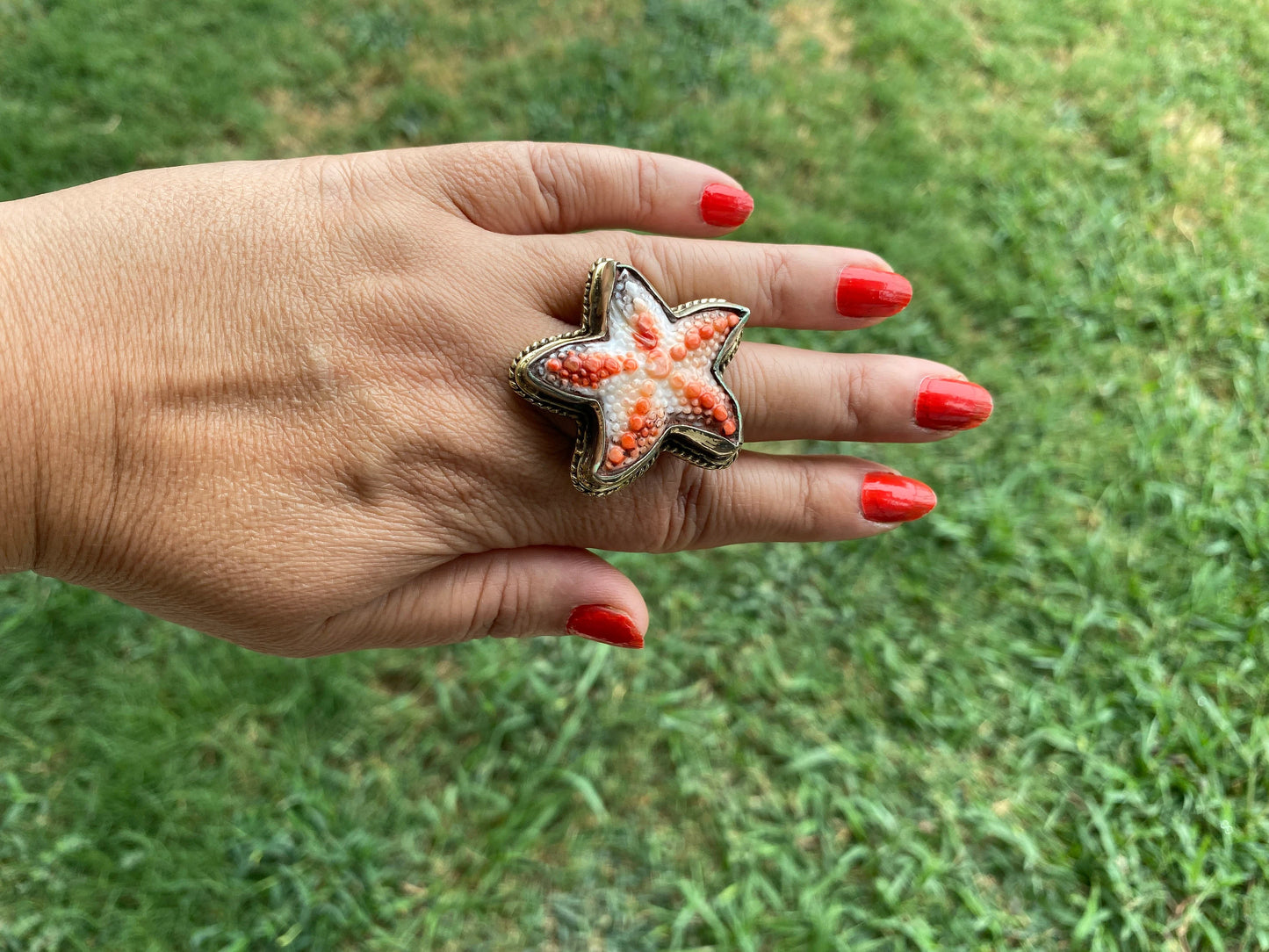 Starfish Adjustable Ring, Spiny Oyster Shell Tibetan Silver, Starfish Designs Jewelry, Southwest Ring, Statement Ring, Native American Style