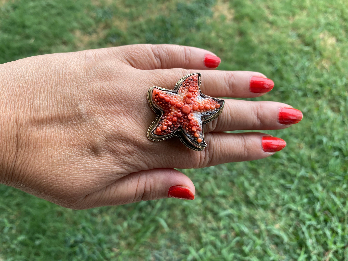 Starfish Adjustable Ring, Spiny Oyster Shell Tibetan Silver, Starfish Designs Jewelry, Southwest Ring, Statement Ring, Native American Style