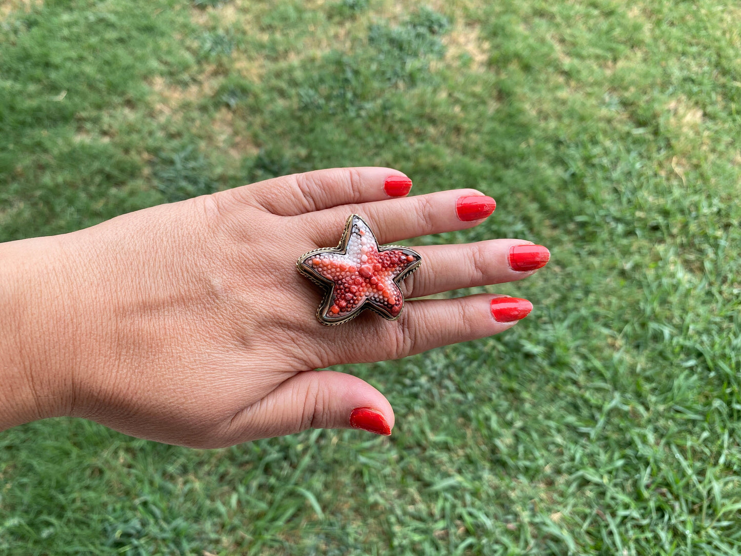 Starfish Adjustable Ring, Spiny Oyster Shell Tibetan Silver, Starfish Designs Jewelry, Southwest Ring, Statement Ring, Native American Style