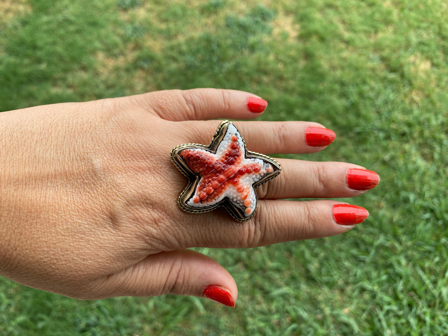 Starfish Adjustable Ring, Spiny Oyster Shell Tibetan Silver, Starfish Designs Jewelry, Southwest Ring, Statement Ring, Native American Style