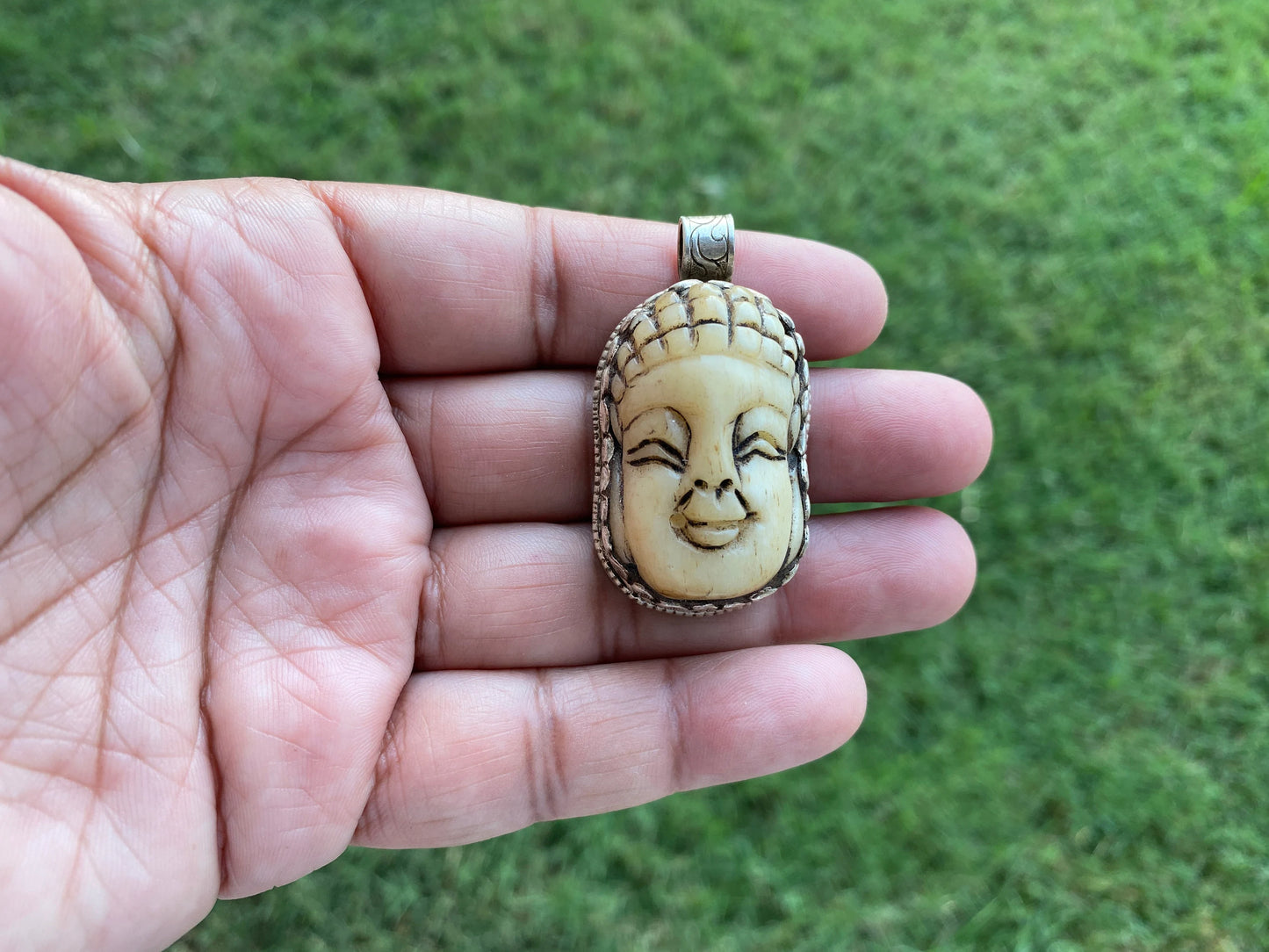 Sterling Silver Buddha Head Pendant,Buffalo Bone Carved Buddha, Tibetan Pendant, Unique Design,Unusual,Ethnic Tribe Jewelry,Jewelry Supplies