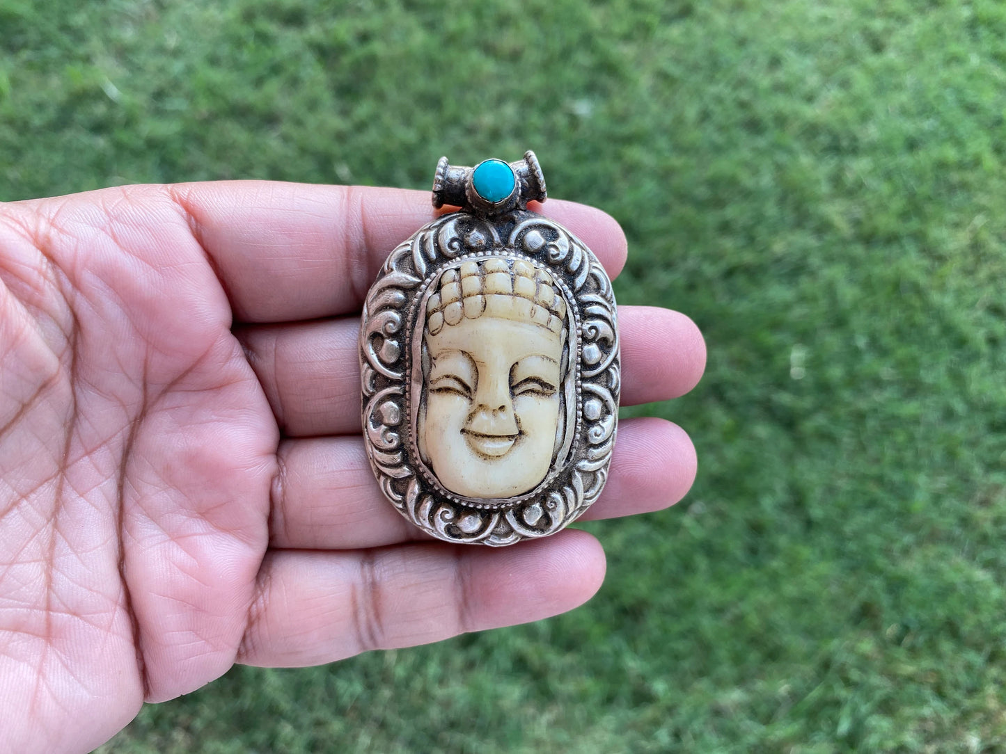 Sterling Silver Buddha Head Pendant,Buffalo Bone Carved Buddha, Tibetan Pendant, Unique Design,Unusual,Ethnic Tribe Jewelry,Jewelry Supplies