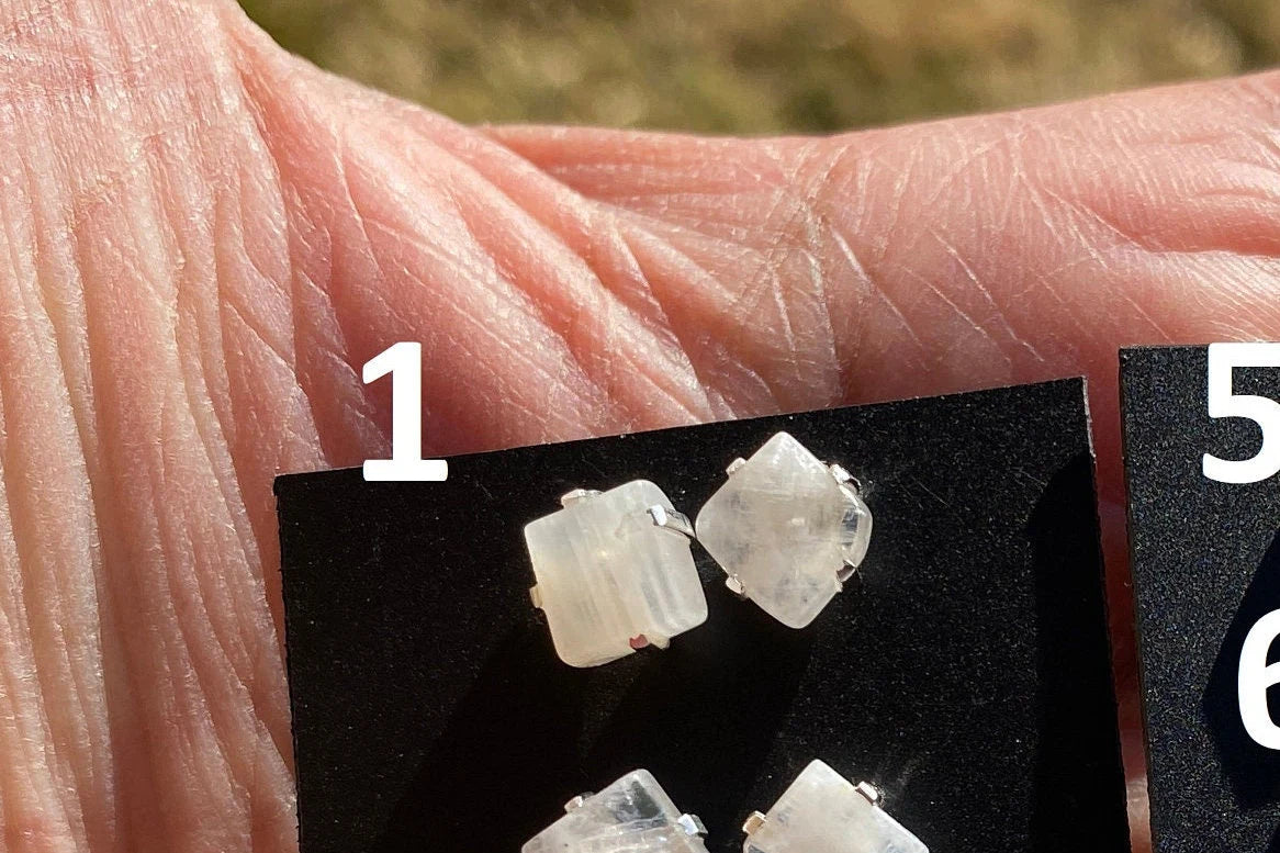 Tiny Raw Rainbow Natural Moonstone Gemstone Stud Earrings, Sterling Silver Earrings, Prong Stud Earring, Crystal Stud, June Birthstone