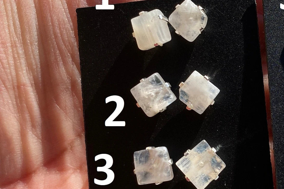 Tiny Raw Rainbow Natural Moonstone Gemstone Stud Earrings, Sterling Silver Earrings, Prong Stud Earring, Crystal Stud, June Birthstone