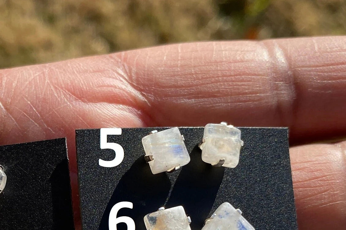 Tiny Raw Rainbow Natural Moonstone Gemstone Stud Earrings, Sterling Silver Earrings, Prong Stud Earring, Crystal Stud, June Birthstone