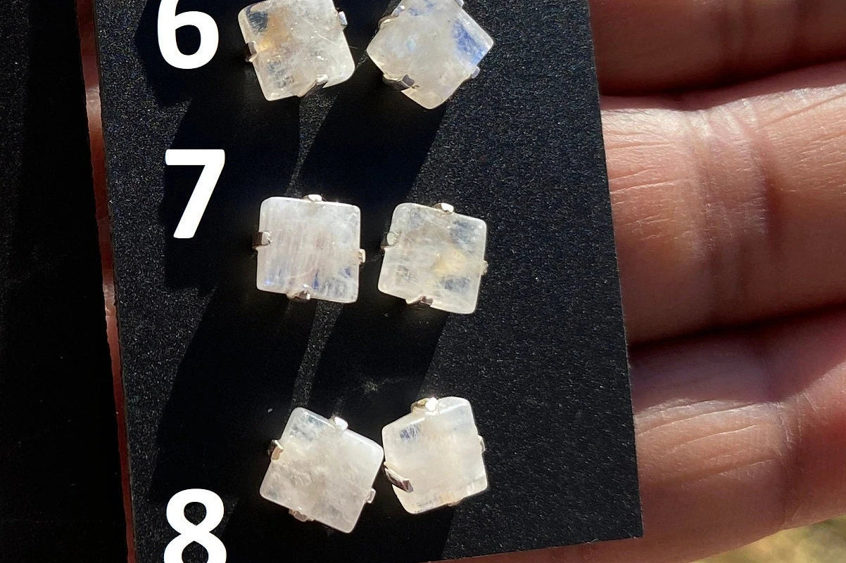Tiny Raw Rainbow Natural Moonstone Gemstone Stud Earrings, Sterling Silver Earrings, Prong Stud Earring, Crystal Stud, June Birthstone