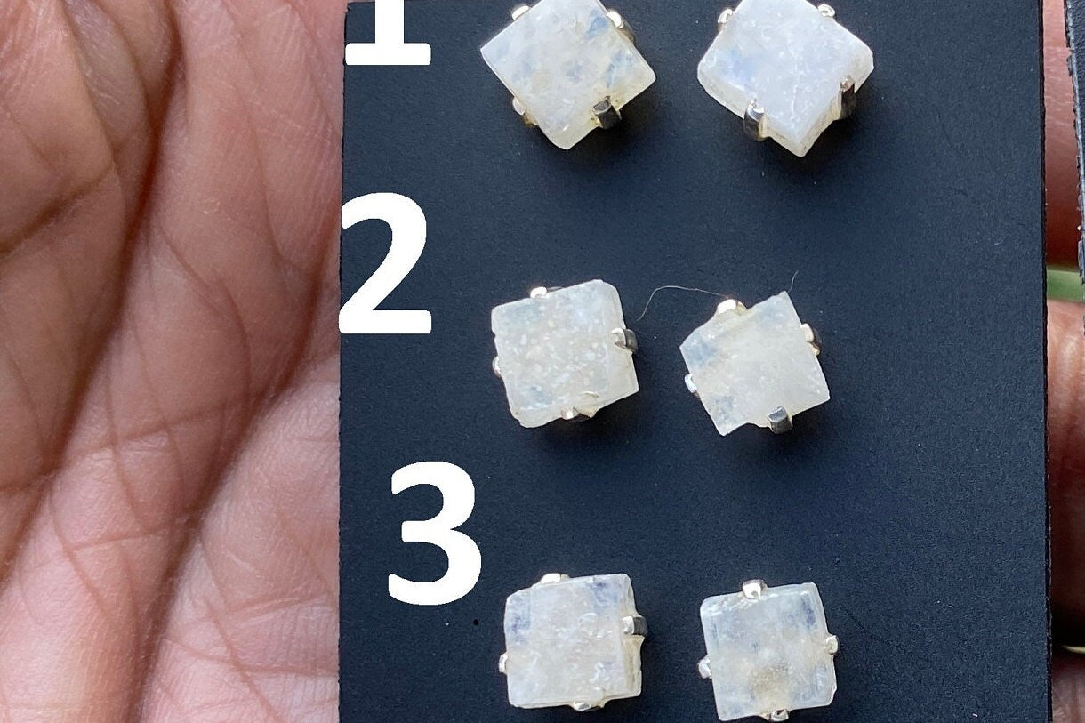 Small Raw Moonstone Post Earrings, Sterling Silver Earrings, Prong Stud Earring, Rainbow Moonstone Earrings, Crystal Studs, June Birthstone,