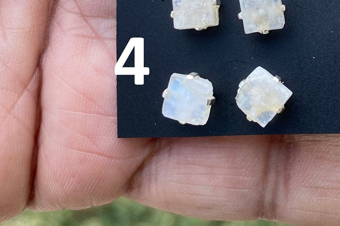 Small Raw Moonstone Post Earrings, Sterling Silver Earrings, Prong Stud Earring, Rainbow Moonstone Earrings, Crystal Studs, June Birthstone,