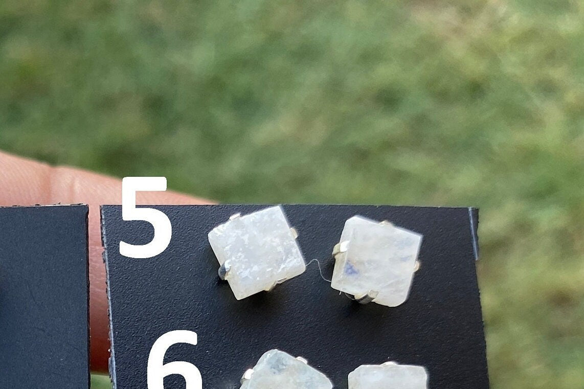 Small Raw Moonstone Post Earrings, Sterling Silver Earrings, Prong Stud Earring, Rainbow Moonstone Earrings, Crystal Studs, June Birthstone,