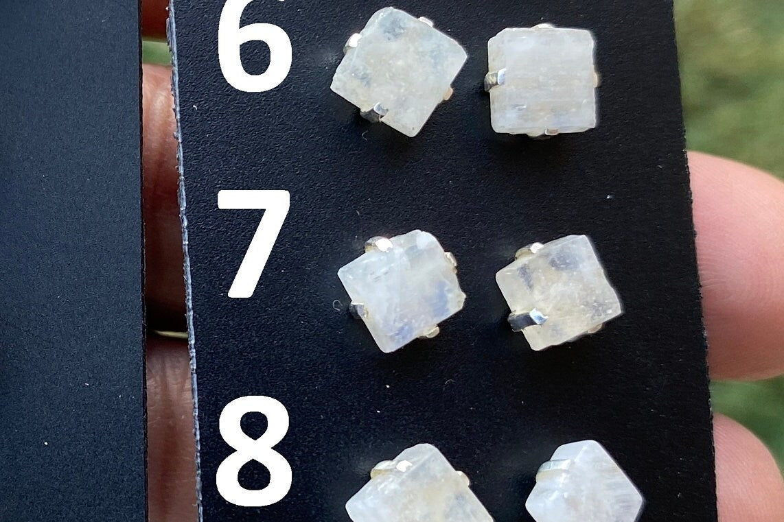 Small Raw Moonstone Post Earrings, Sterling Silver Earrings, Prong Stud Earring, Rainbow Moonstone Earrings, Crystal Studs, June Birthstone,