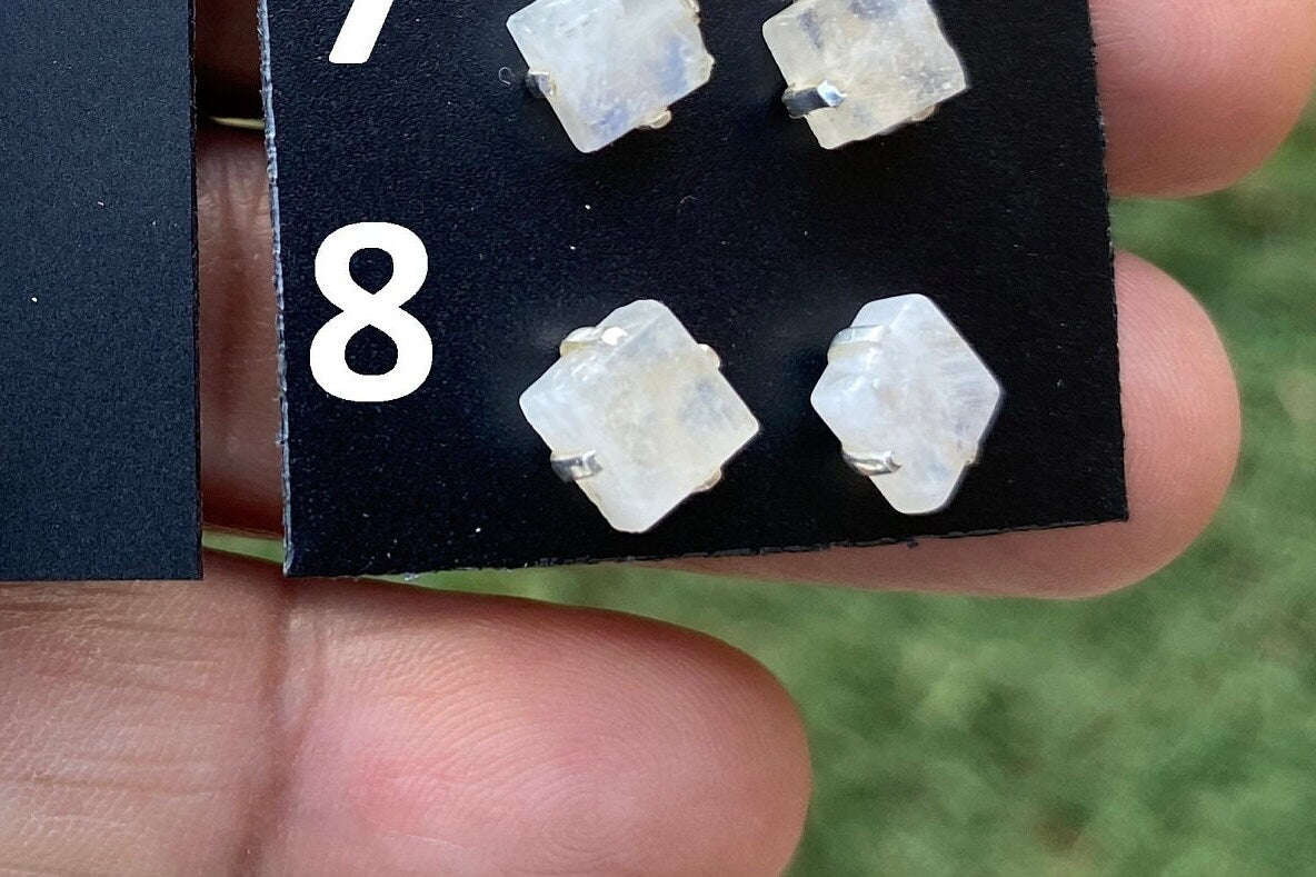 Small Raw Moonstone Post Earrings, Sterling Silver Earrings, Prong Stud Earring, Rainbow Moonstone Earrings, Crystal Studs, June Birthstone,