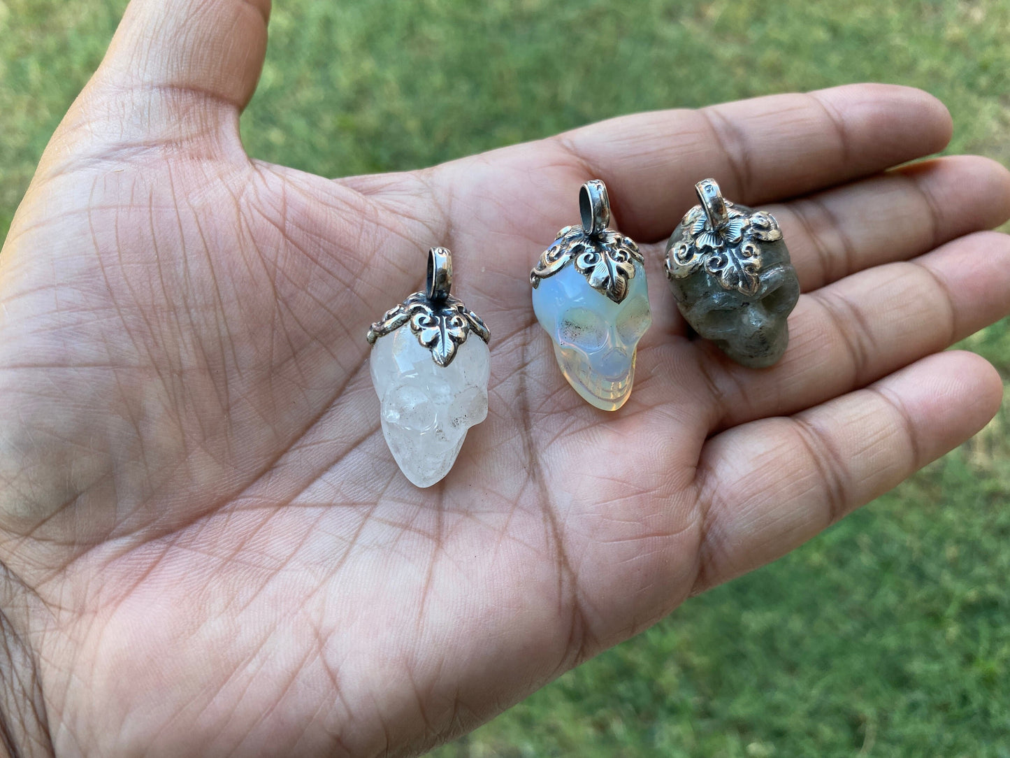 Sterling Silver Small Carved Skull Crystal Pendant, Opalite Crystal Skull Pendant, Halloween Jewelry, Gothic Spiritual Skull, Gemstone Skull