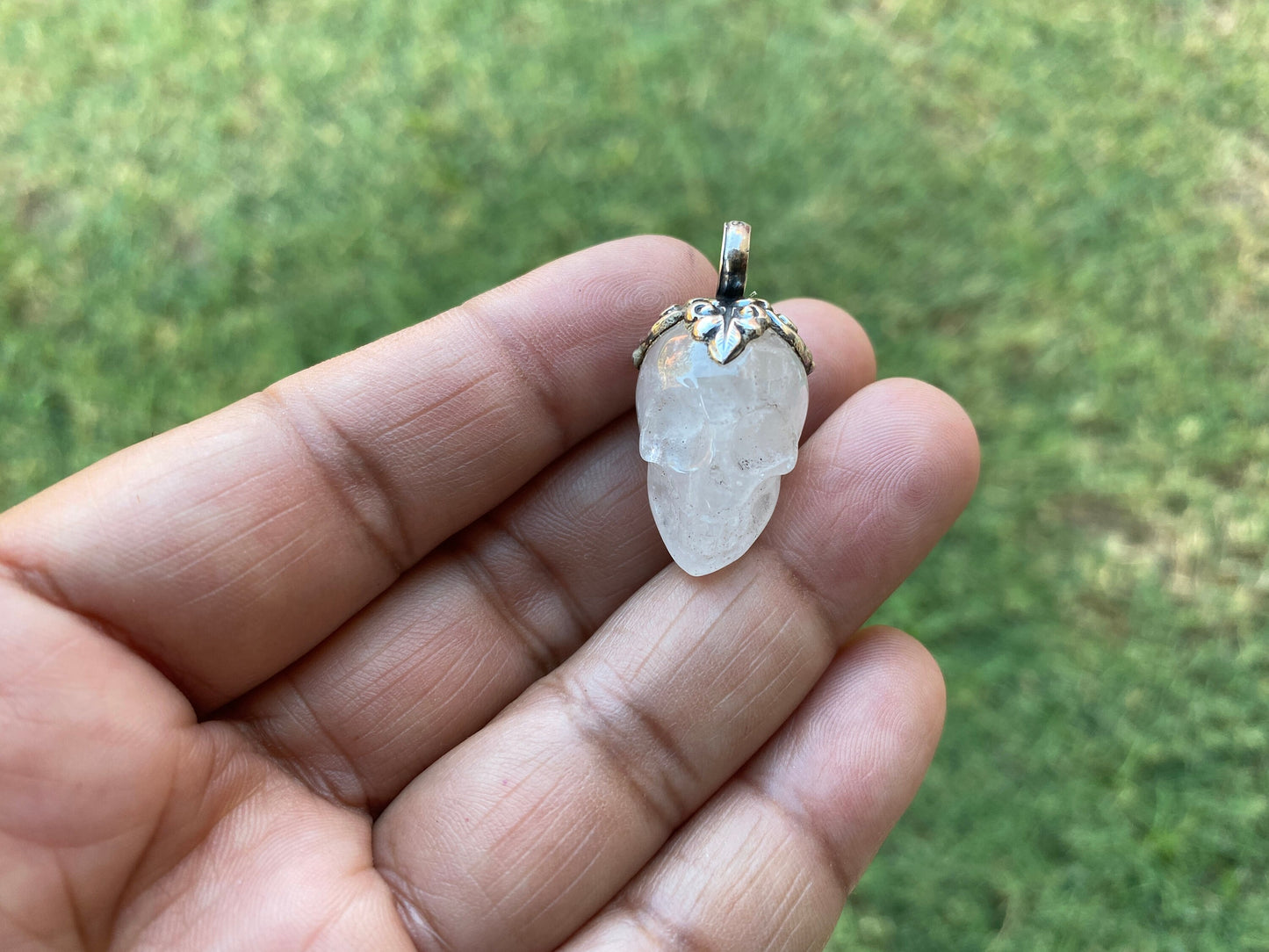 Sterling Silver Small Carved Skull Crystal Pendant, Opalite Crystal Skull Pendant, Halloween Jewelry, Gothic Spiritual Skull, Gemstone Skull