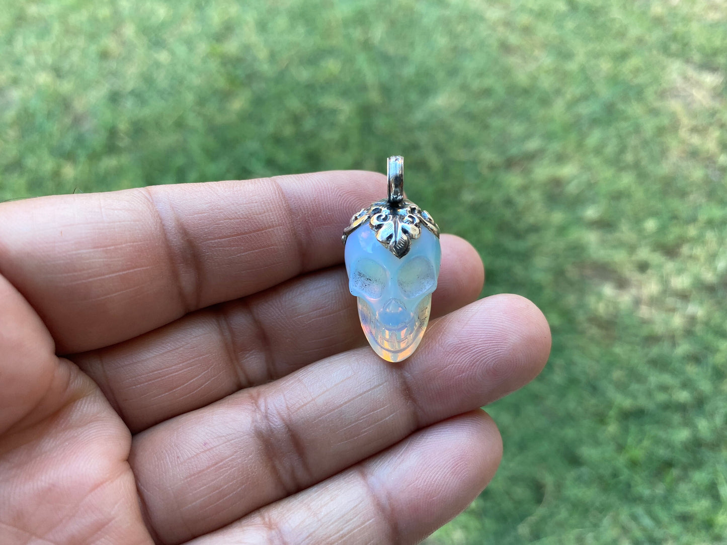 Sterling Silver Small Carved Skull Crystal Pendant, Opalite Crystal Skull Pendant, Halloween Jewelry, Gothic Spiritual Skull, Gemstone Skull
