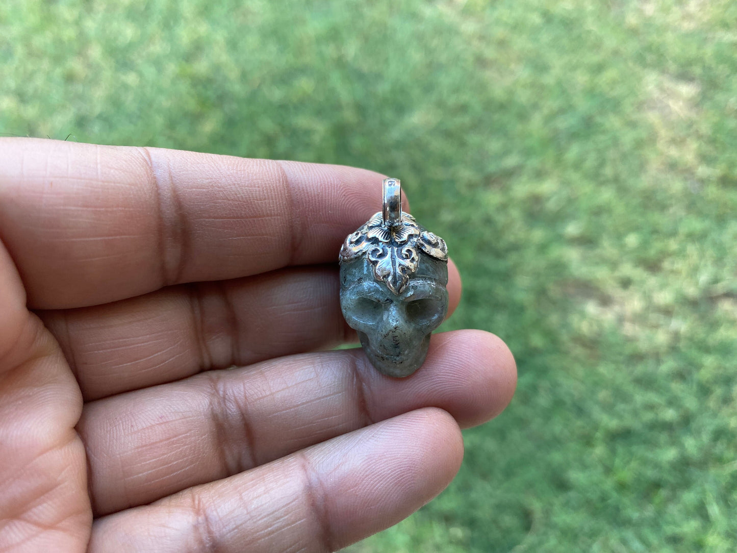 Sterling Silver Small Carved Skull Crystal Pendant, Opalite Crystal Skull Pendant, Halloween Jewelry, Gothic Spiritual Skull, Gemstone Skull