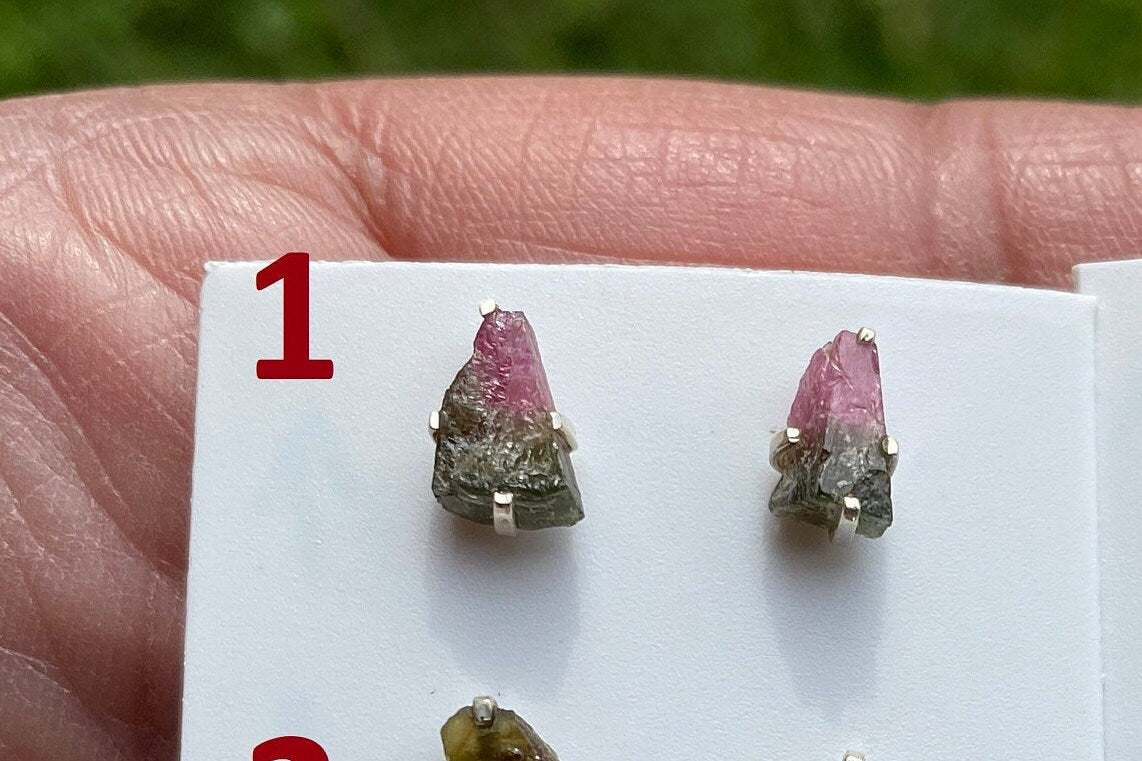 Raw Watermelon Tourmaline Stud Earring, Sterling Silver Studs, Rough Gemstone Earrings, Raw Tourmaline Stud Earrings, Natural Stone Jewelry