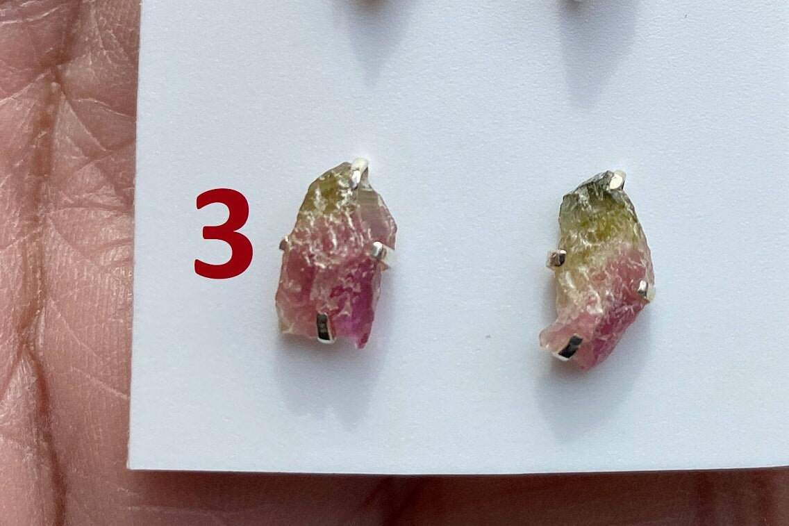Raw Watermelon Tourmaline Stud Earring, Sterling Silver Studs, Rough Gemstone Earrings, Raw Tourmaline Stud Earrings, Natural Stone Jewelry