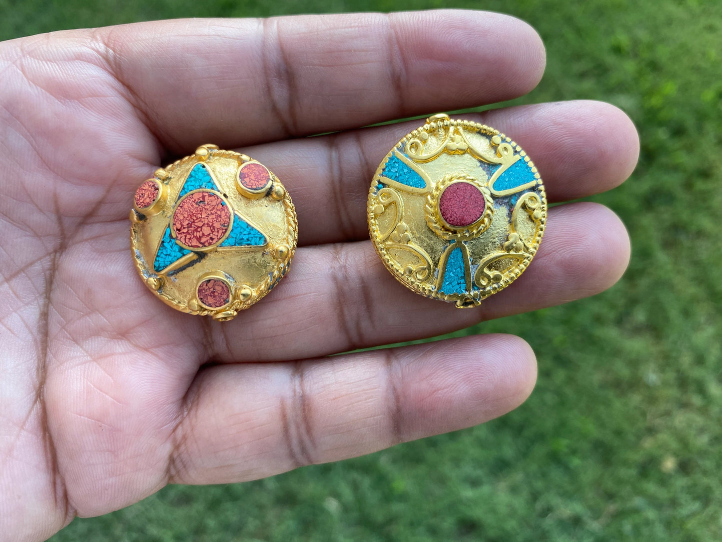 Tibetan Beads, High Quality 18k Matte Gold Overlay Over Brass, Turquoise with Coral Inlay, Handmade Bead, Beads for Necklace, Guru Mala Bead