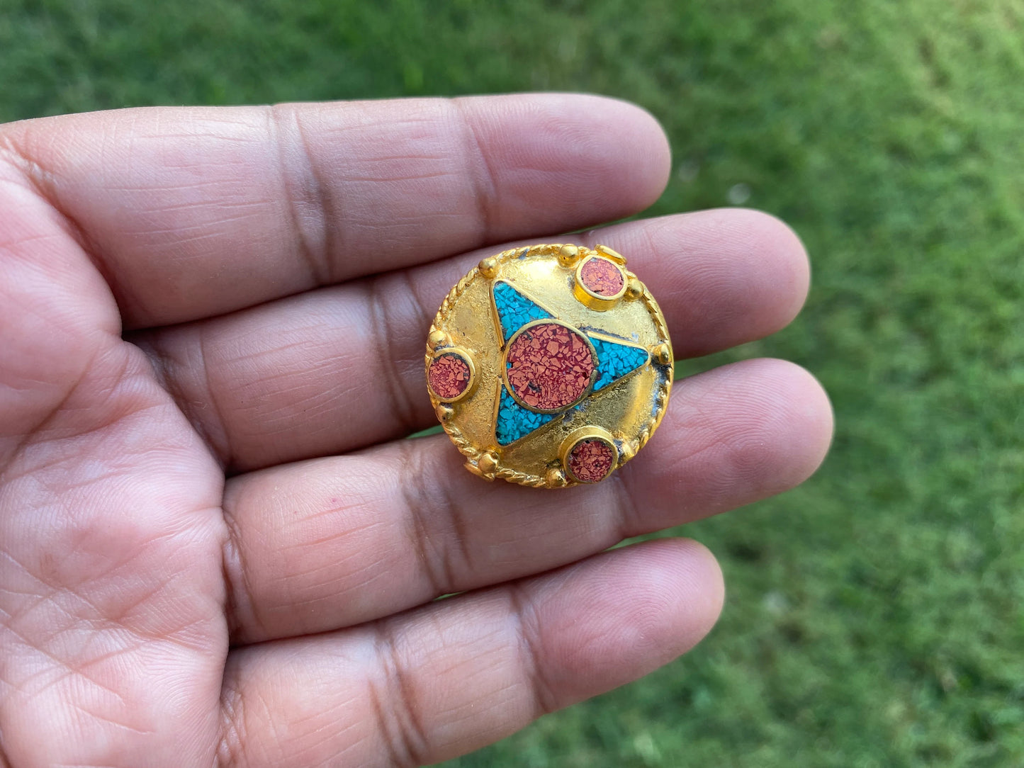 Tibetan Beads, High Quality 18k Matte Gold Overlay Over Brass, Turquoise with Coral Inlay, Handmade Bead, Beads for Necklace, Guru Mala Bead