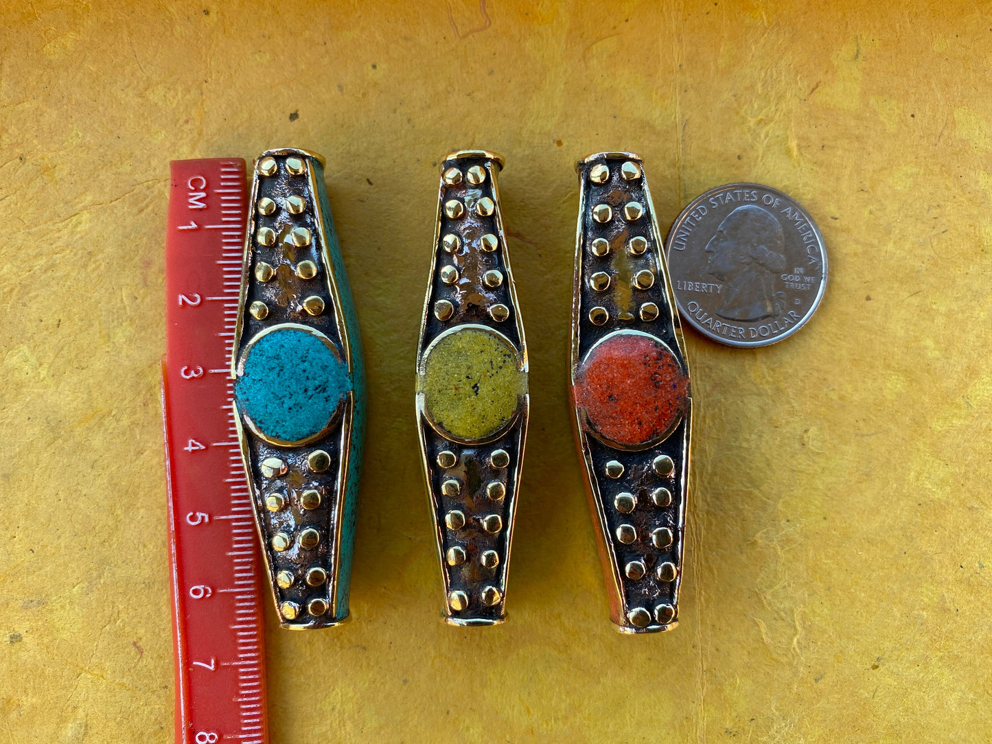 Tibetan Brass Guru Bead, Turquoise, Coral or Lapis Inlaid, Himalayan Bead for Necklace, Bracelet Charm, Mala Bead, Hill Tribe Center Bead