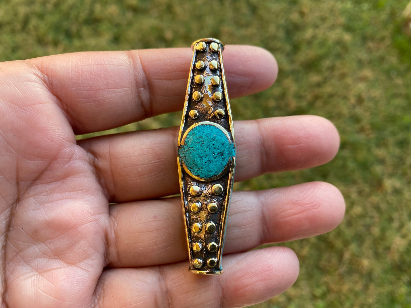 Tibetan Brass Guru Bead, Turquoise, Coral or Lapis Inlaid, Himalayan Bead for Necklace, Bracelet Charm, Mala Bead, Hill Tribe Center Bead