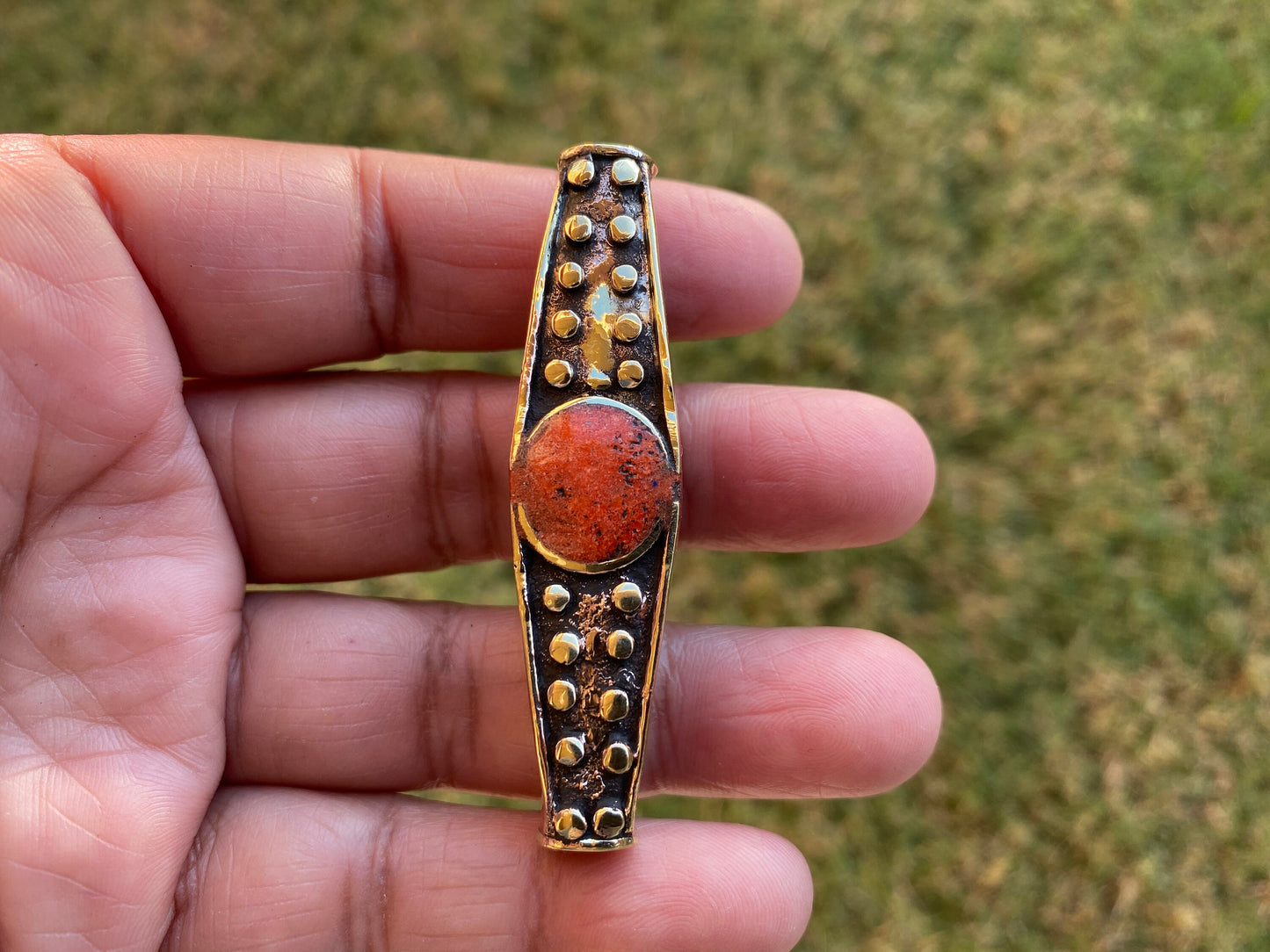 Tibetan Brass Guru Bead, Turquoise, Coral or Lapis Inlaid, Himalayan Bead for Necklace, Bracelet Charm, Mala Bead, Hill Tribe Center Bead