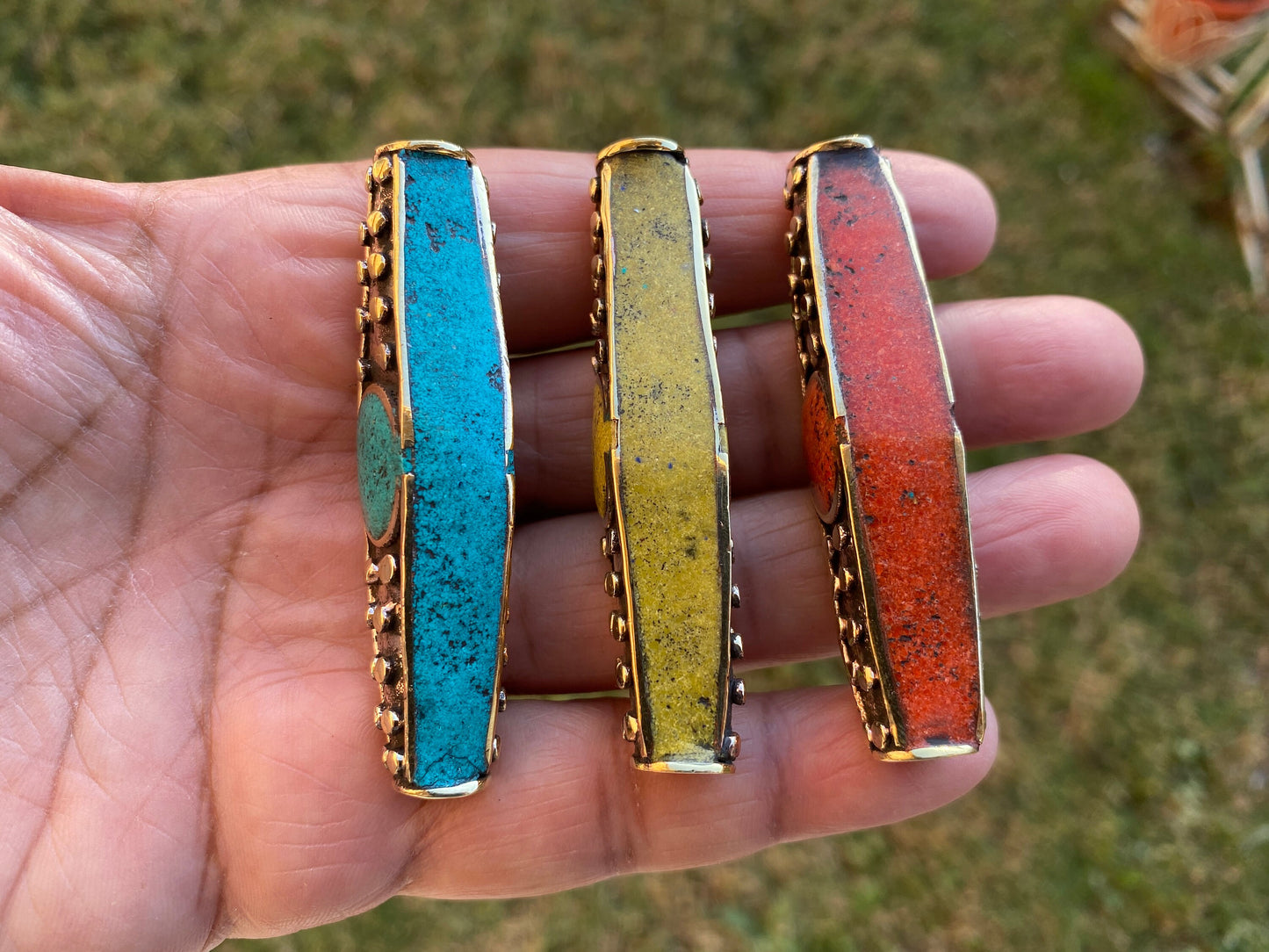 Tibetan Brass Guru Bead, Turquoise, Coral or Lapis Inlaid, Himalayan Bead for Necklace, Bracelet Charm, Mala Bead, Hill Tribe Center Bead