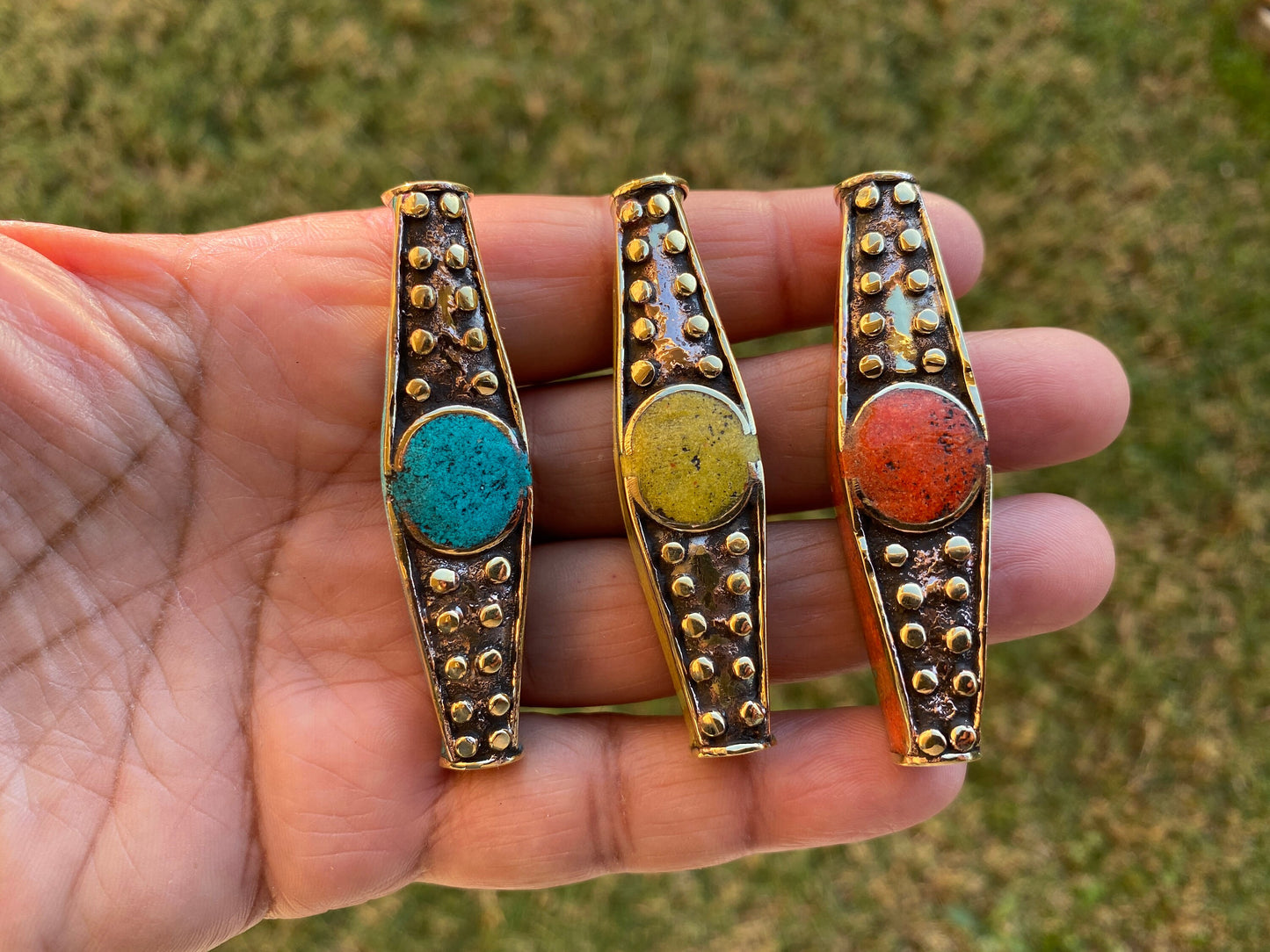 Tibetan Brass Guru Bead, Turquoise, Coral or Lapis Inlaid, Himalayan Bead for Necklace, Bracelet Charm, Mala Bead, Hill Tribe Center Bead
