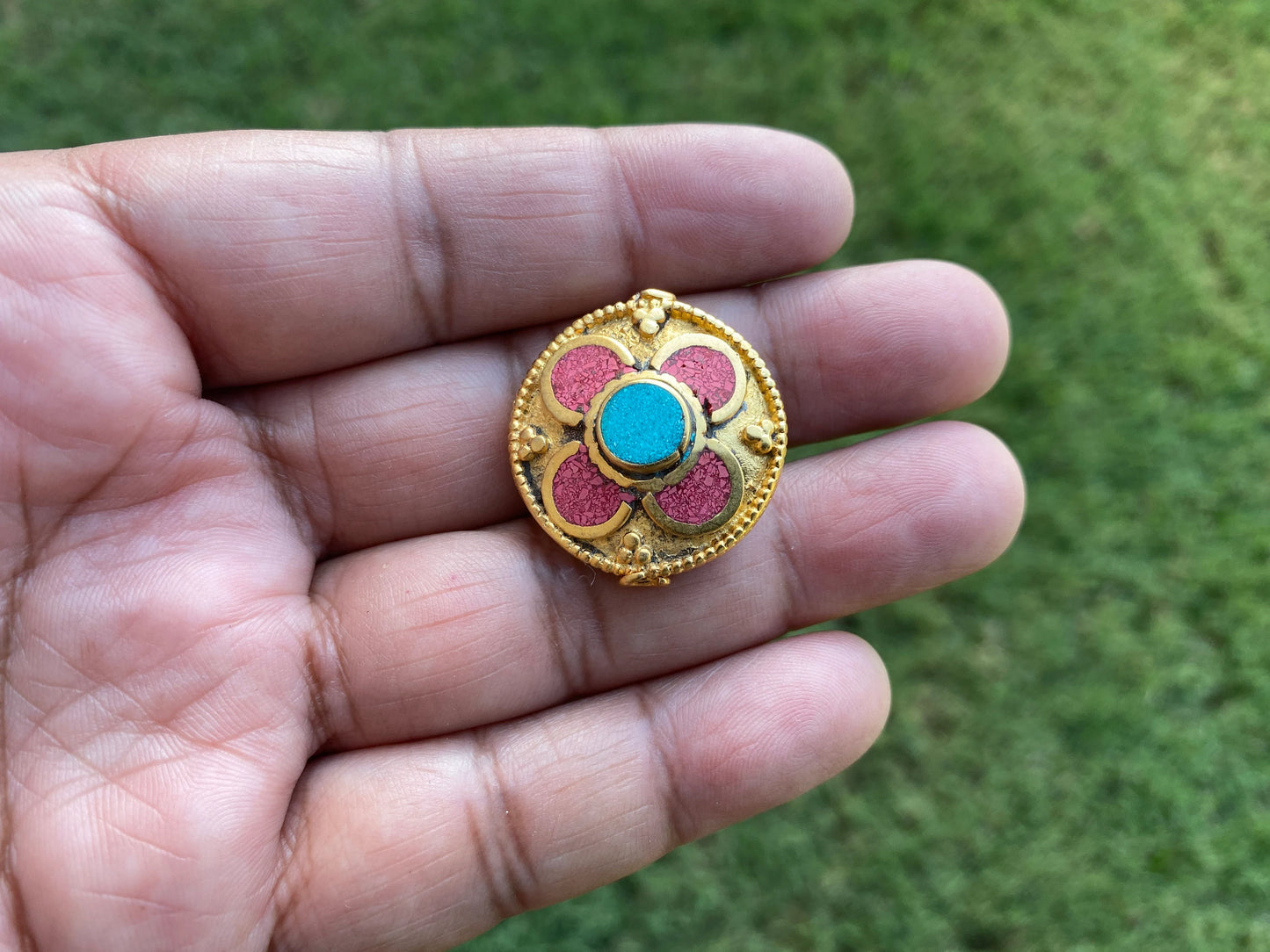 Tibetan Center Bead, 18k Brushed Gold Overlay with Anti Tarnish, Turquoise with Coral Inlay Bead. Handmade Himalayan Focal Bead for Necklace