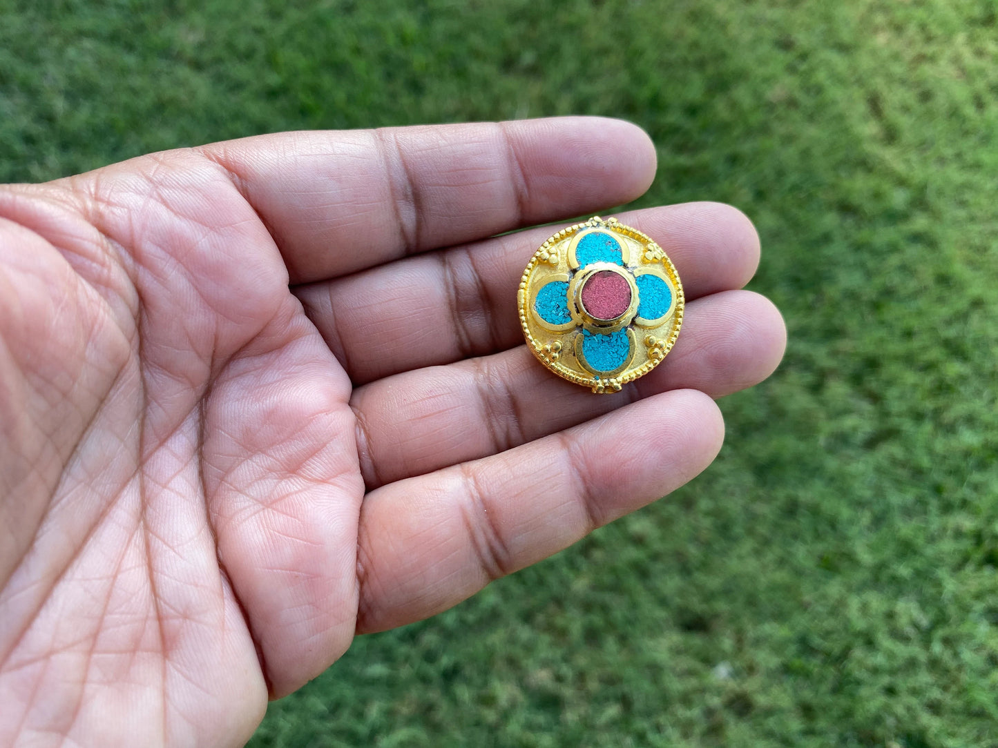Tibetan Center Bead, 18k Brushed Gold Overlay with Anti Tarnish, Turquoise with Coral Inlay Bead. Handmade Himalayan Focal Bead for Necklace