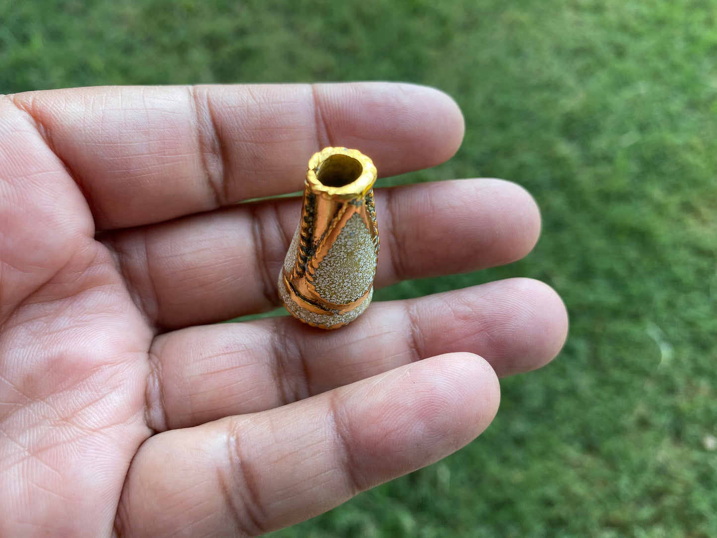 Tibetan Cone Shape Bead, 18k Matte Gold Overlay over Brass, Turquoise Coral Lapis Inlay Bead, Ethnic Tribal Nepalese Himalayan J