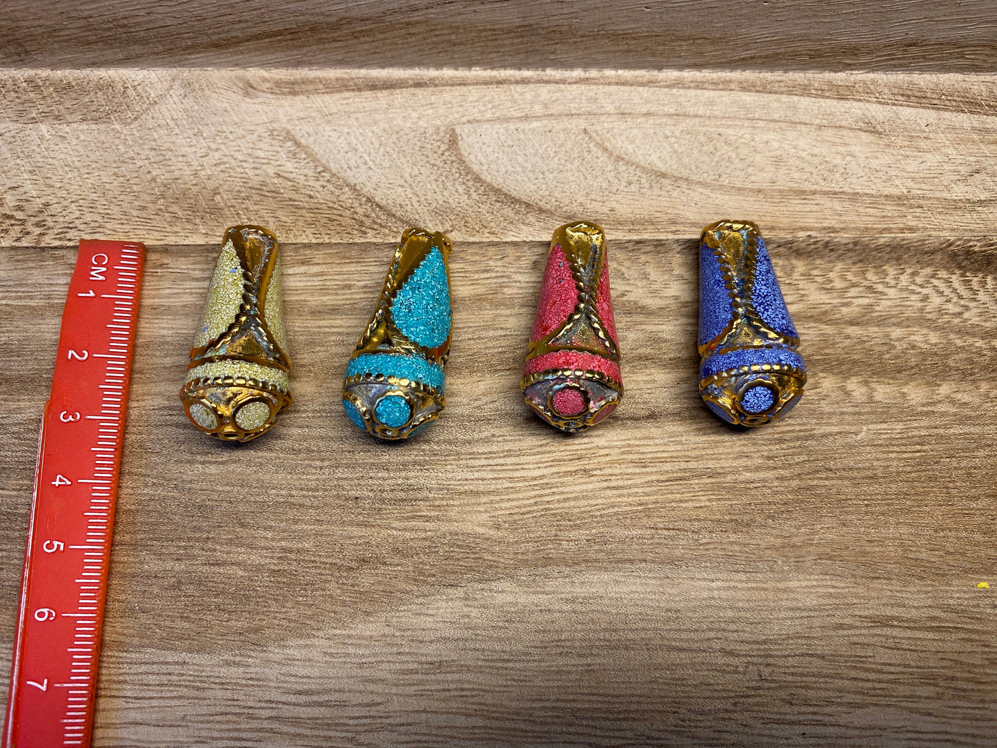 Tibetan Cone Shape Bead, 18k Matte Gold Overlay over Brass, Turquoise Coral Lapis Inlay Bead, Ethnic Tribal Nepalese Himalayan J