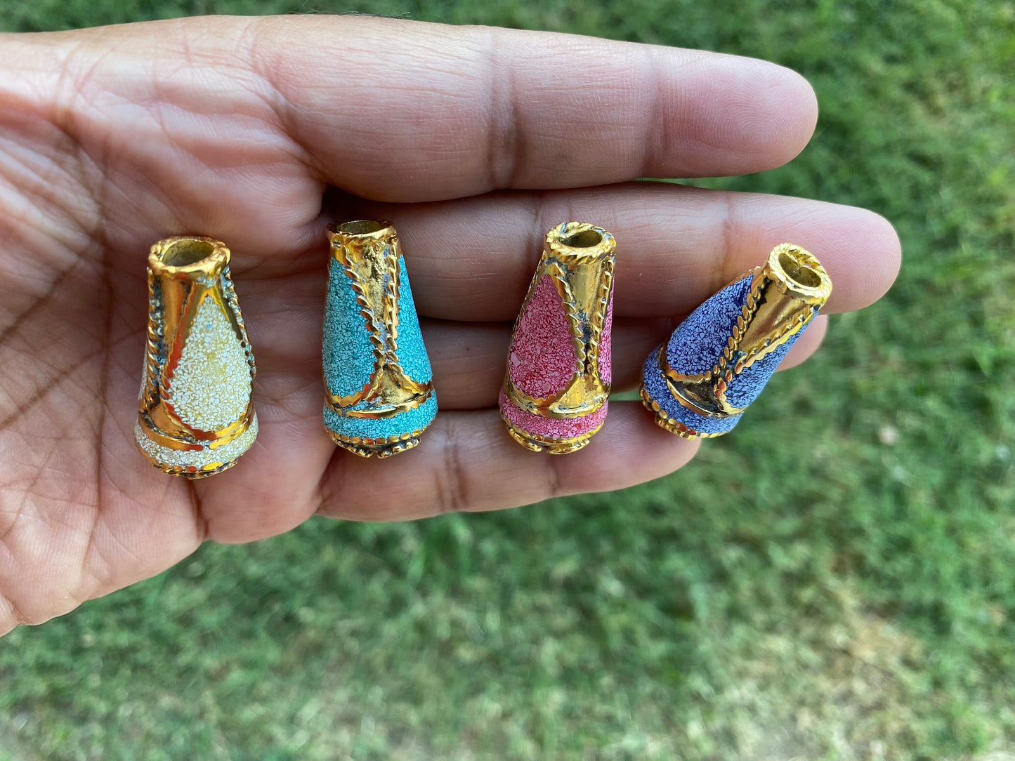 Tibetan Cone Shape Bead, 18k Matte Gold Overlay over Brass, Turquoise Coral Lapis Inlay Bead, Ethnic Tribal Nepalese Himalayan J