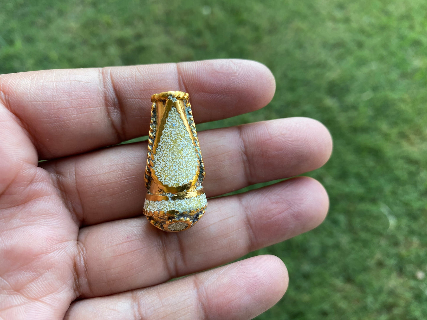 Tibetan Cone Shape Bead, 18k Matte Gold Overlay over Brass, Turquoise Coral Lapis Inlay Bead, Ethnic Tribal Nepalese Himalayan J