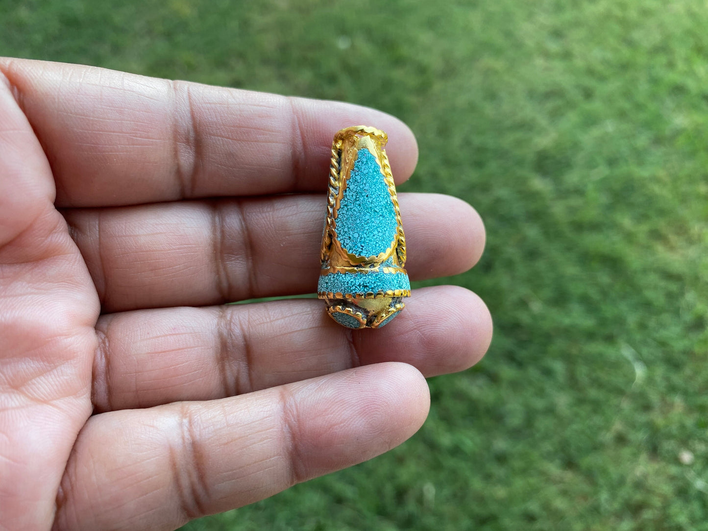 Tibetan Cone Shape Bead, 18k Matte Gold Overlay over Brass, Turquoise Coral Lapis Inlay Bead, Ethnic Tribal Nepalese Himalayan J