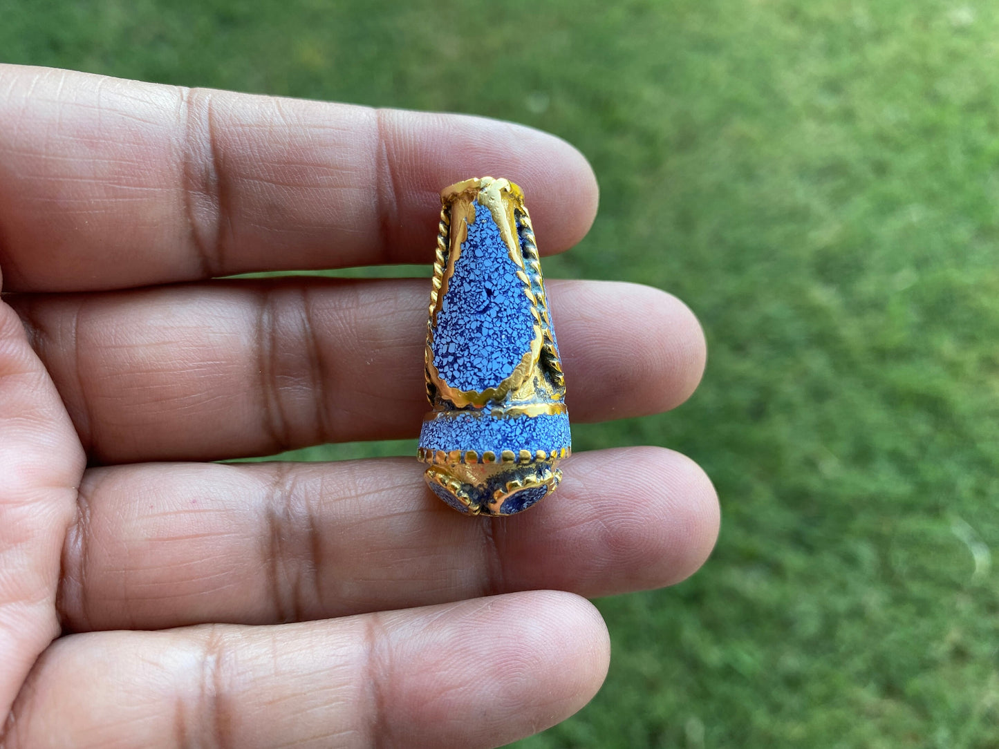 Tibetan Cone Shape Bead, 18k Matte Gold Overlay over Brass, Turquoise Coral Lapis Inlay Bead, Ethnic Tribal Nepalese Himalayan J