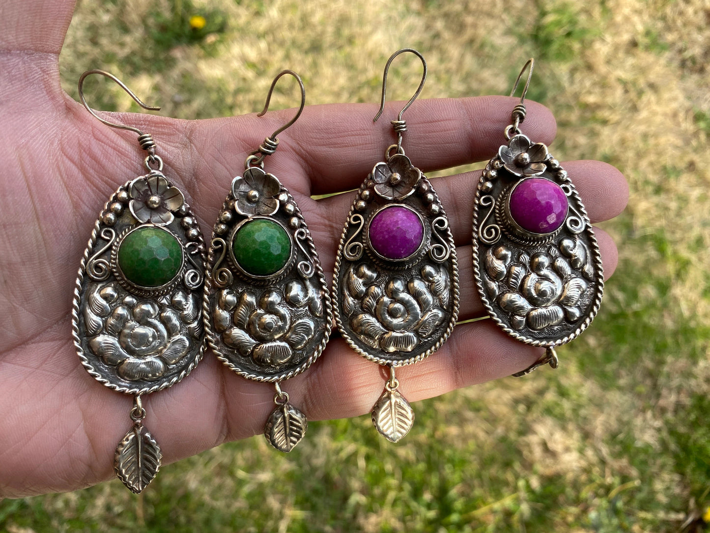 Tibetan Designs Earrings, Made with Tibetan Silver & Green Agate or Purple Agate Stone, Tribal Earrings, Bohemian Earrings, Gift for Wife