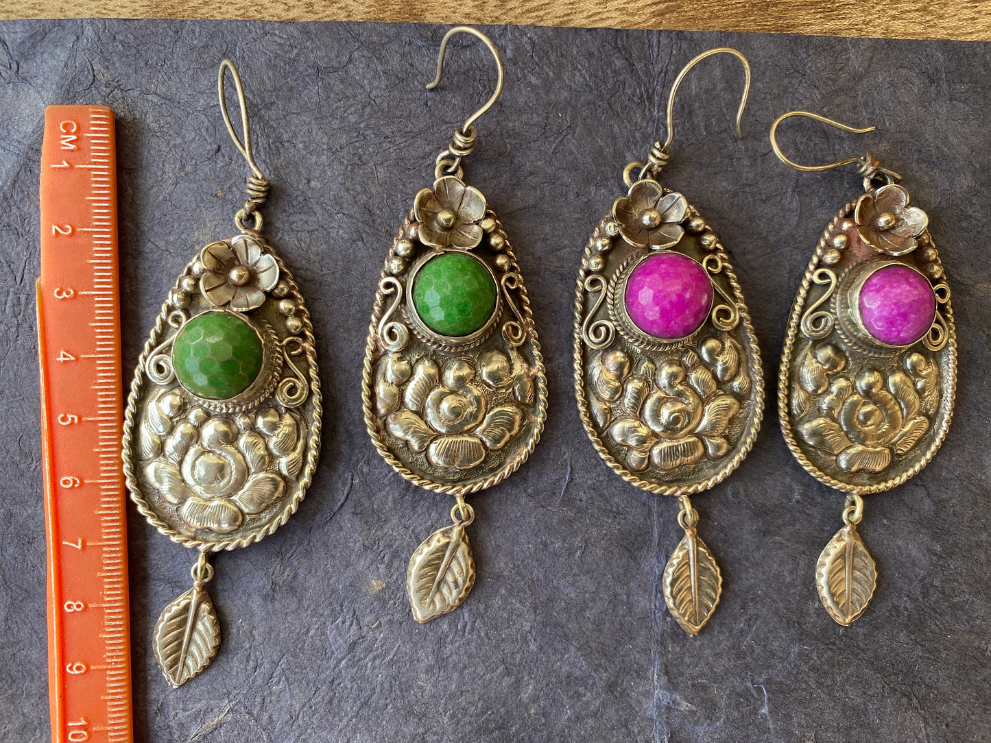 Tibetan Designs Earrings, Made with Tibetan Silver & Green Agate or Purple Agate Stone, Tribal Earrings, Bohemian Earrings, Gift for Wife