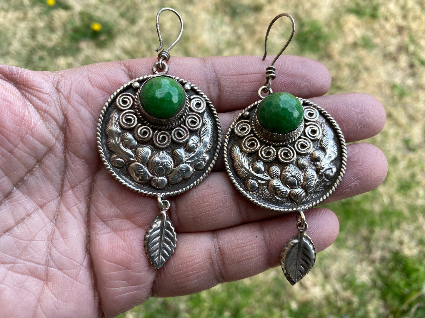 Tibetan Designs Earrings, Made with Tibetan Silver & Green Agate or Purple Agate Stone, Tribal Earrings, Bohemian Earrings, Gift for Wife