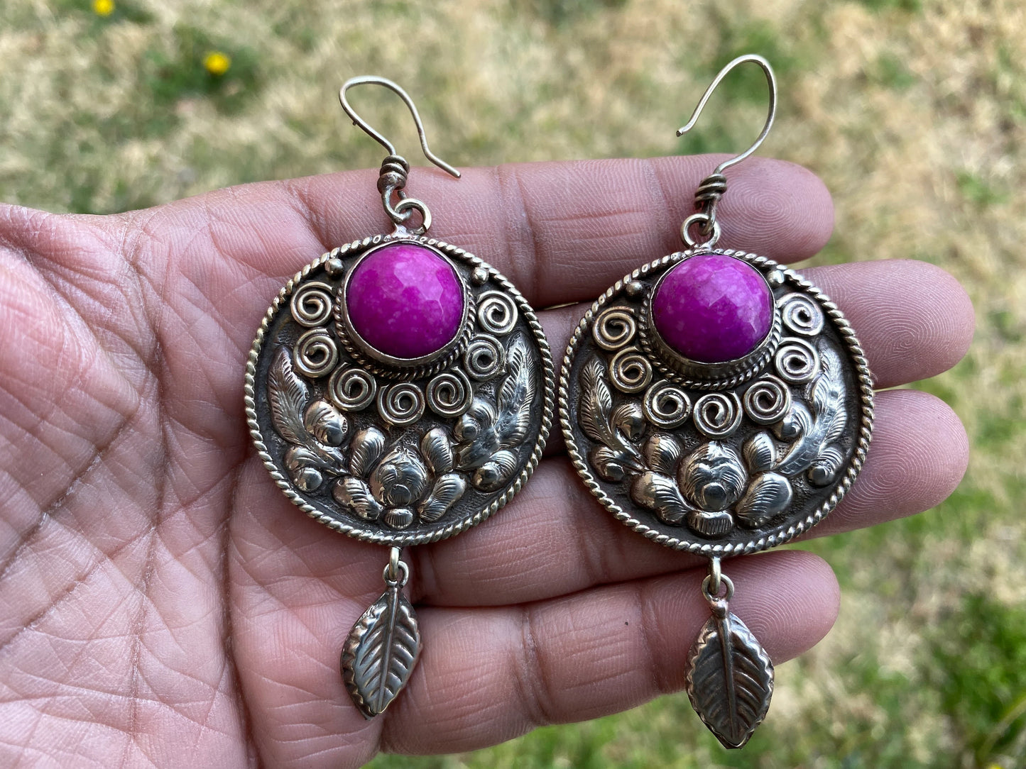 Tibetan Designs Earrings, Made with Tibetan Silver & Green Agate or Purple Agate Stone, Tribal Earrings, Bohemian Earrings, Gift for Wife