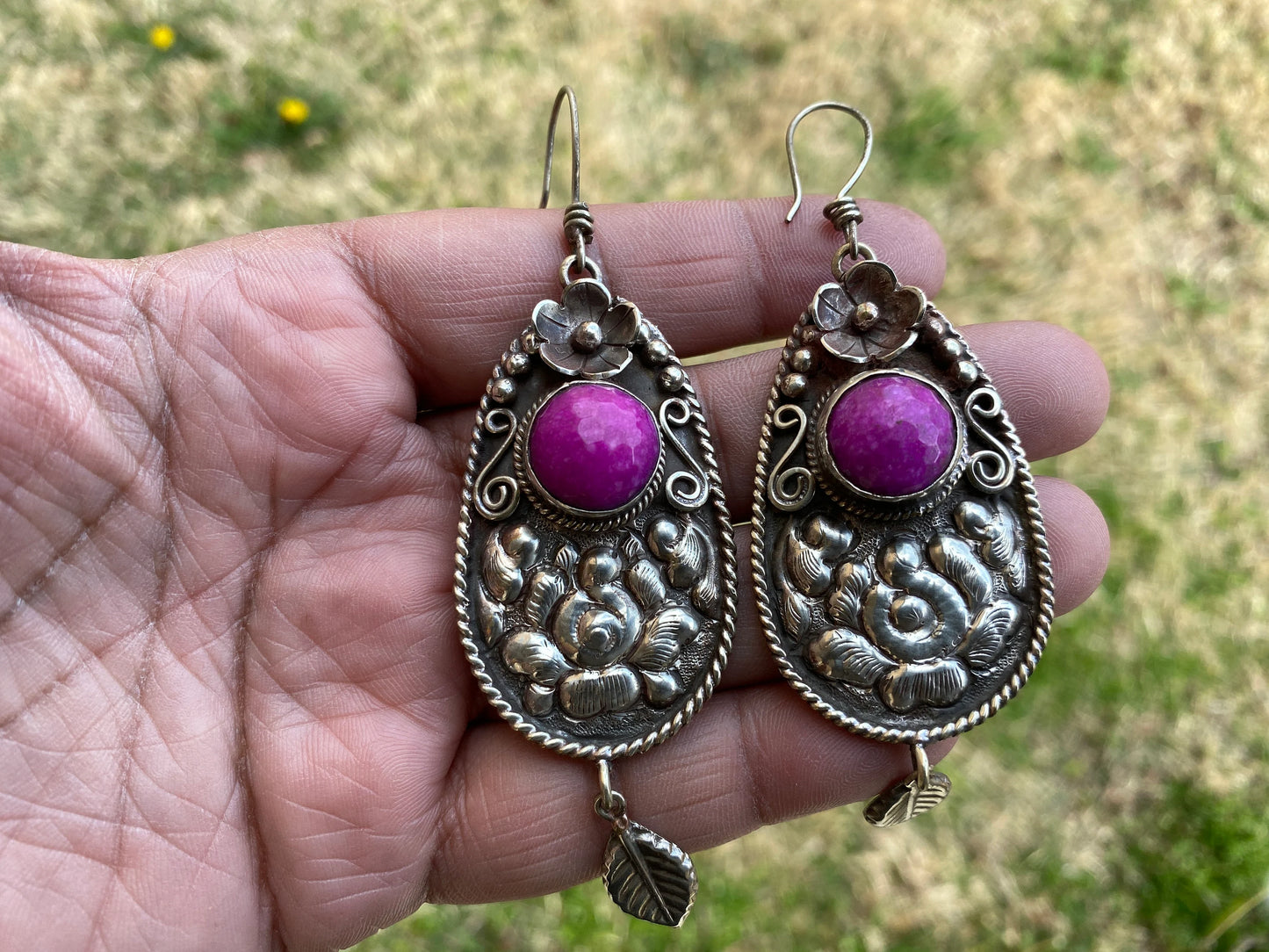 Tibetan Designs Earrings, Made with Tibetan Silver & Green Agate or Purple Agate Stone, Tribal Earrings, Bohemian Earrings, Gift for Wife