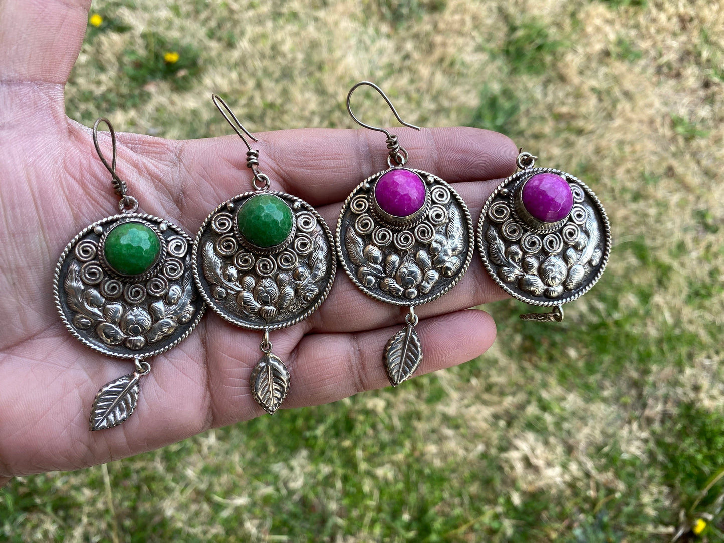 Tibetan Designs Earrings, Made with Tibetan Silver & Green Agate or Purple Agate Stone, Tribal Earrings, Bohemian Earrings, Gift for Wife