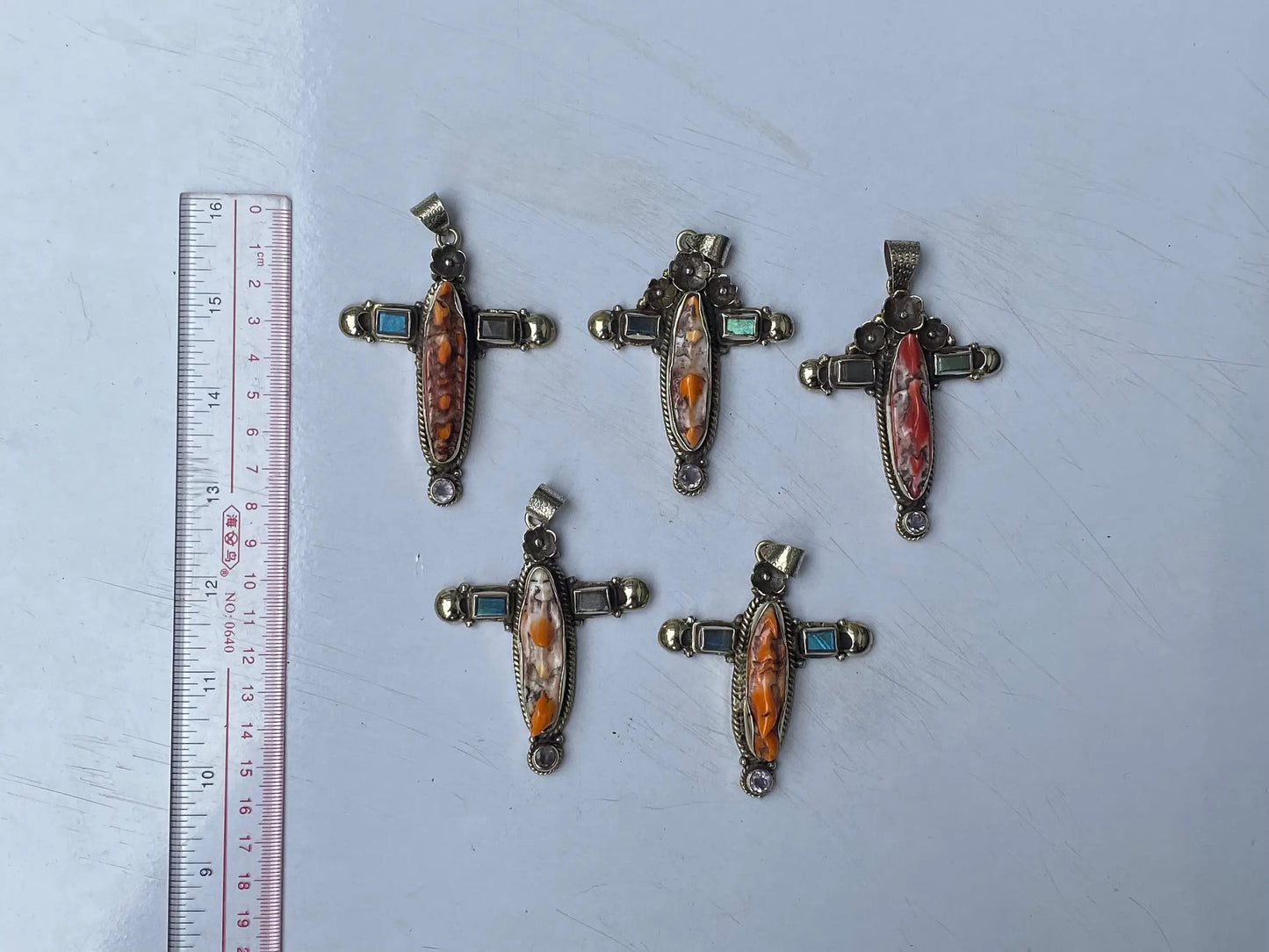 Tibetan Silver Cross Pendant with Spiny Orange Oyster & Natural Gemstones, Hand-carved floral design, Unique wears, Boho Pendant, Gift ideas
