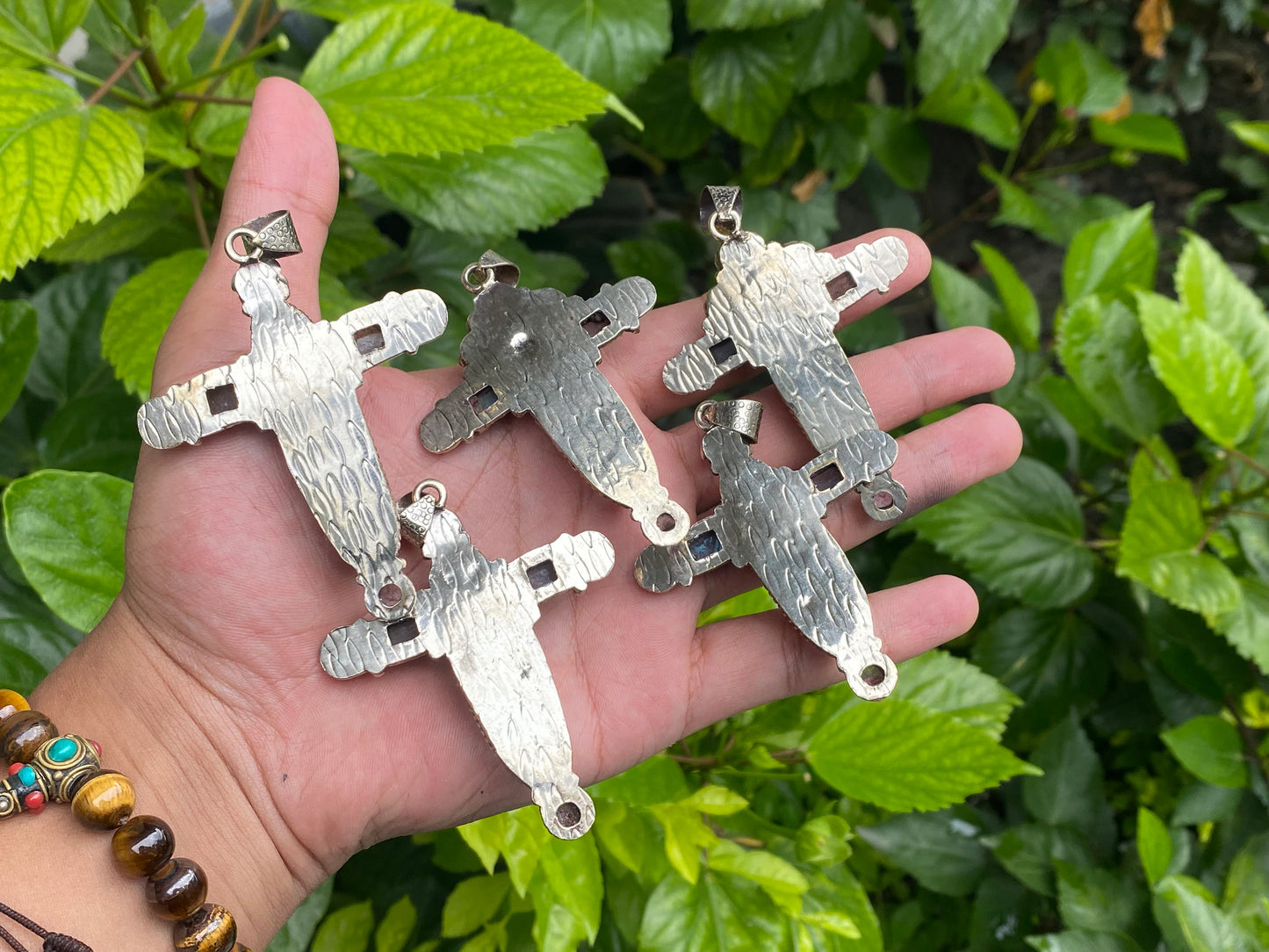Tibetan Silver Cross Pendant with Spiny Orange Oyster & Natural Gemstones, Hand-carved floral design, Unique wears, Boho Pendant, Gift ideas
