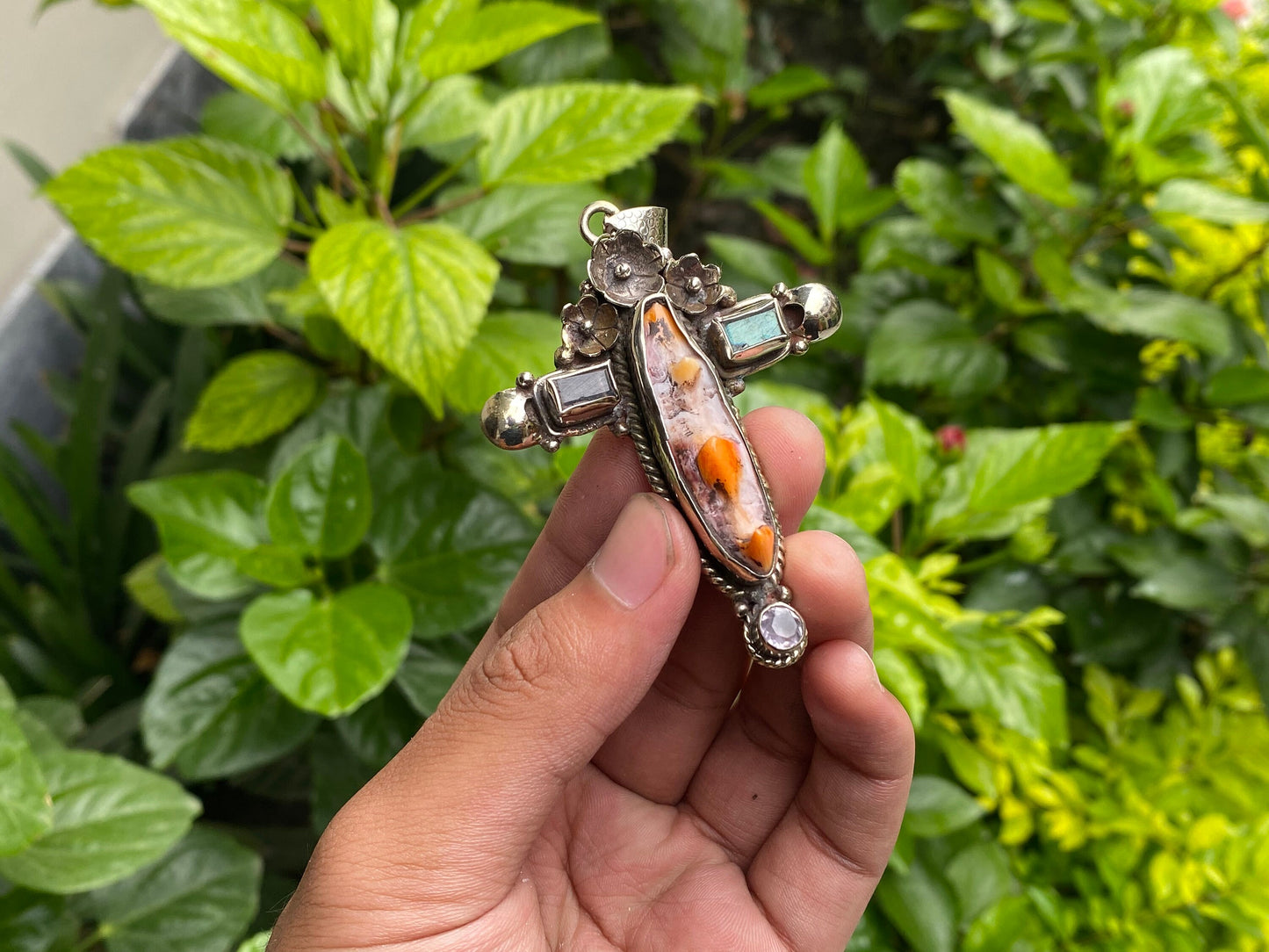 Tibetan Silver Cross Pendant with Spiny Orange Oyster & Natural Gemstones, Hand-carved floral design, Unique wears, Boho Pendant, Gift ideas