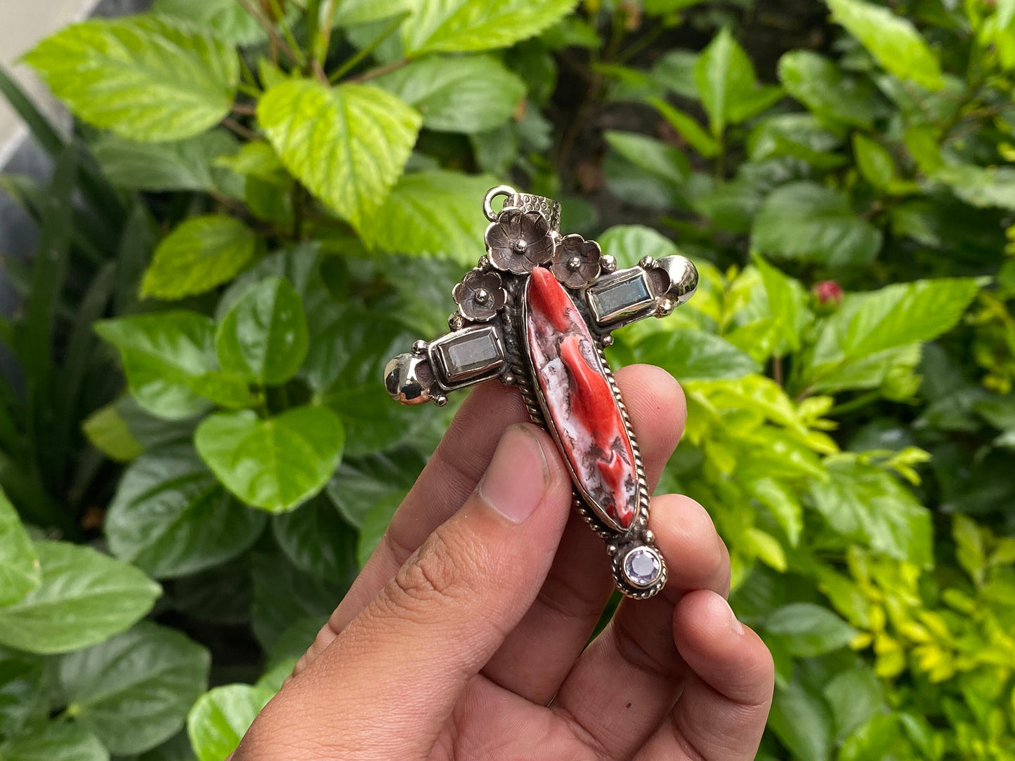 Tibetan Silver Cross Pendant with Spiny Orange Oyster & Natural Gemstones, Hand-carved floral design, Unique wears, Boho Pendant, Gift ideas