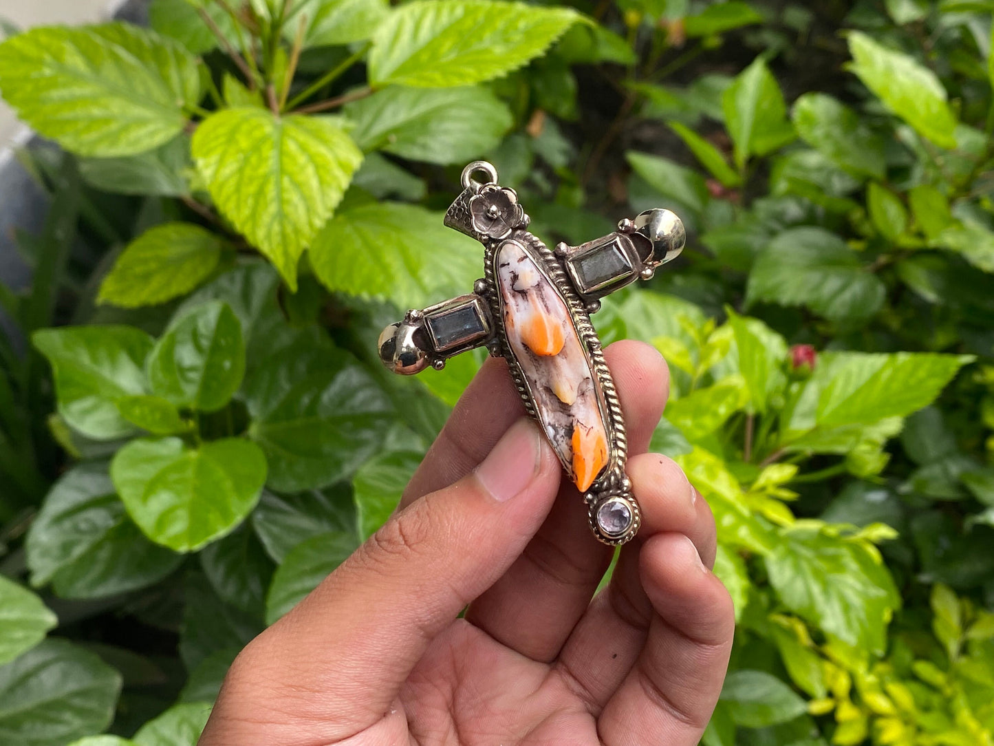 Tibetan Silver Cross Pendant with Spiny Orange Oyster & Natural Gemstones, Hand-carved floral design, Unique wears, Boho Pendant, Gift ideas