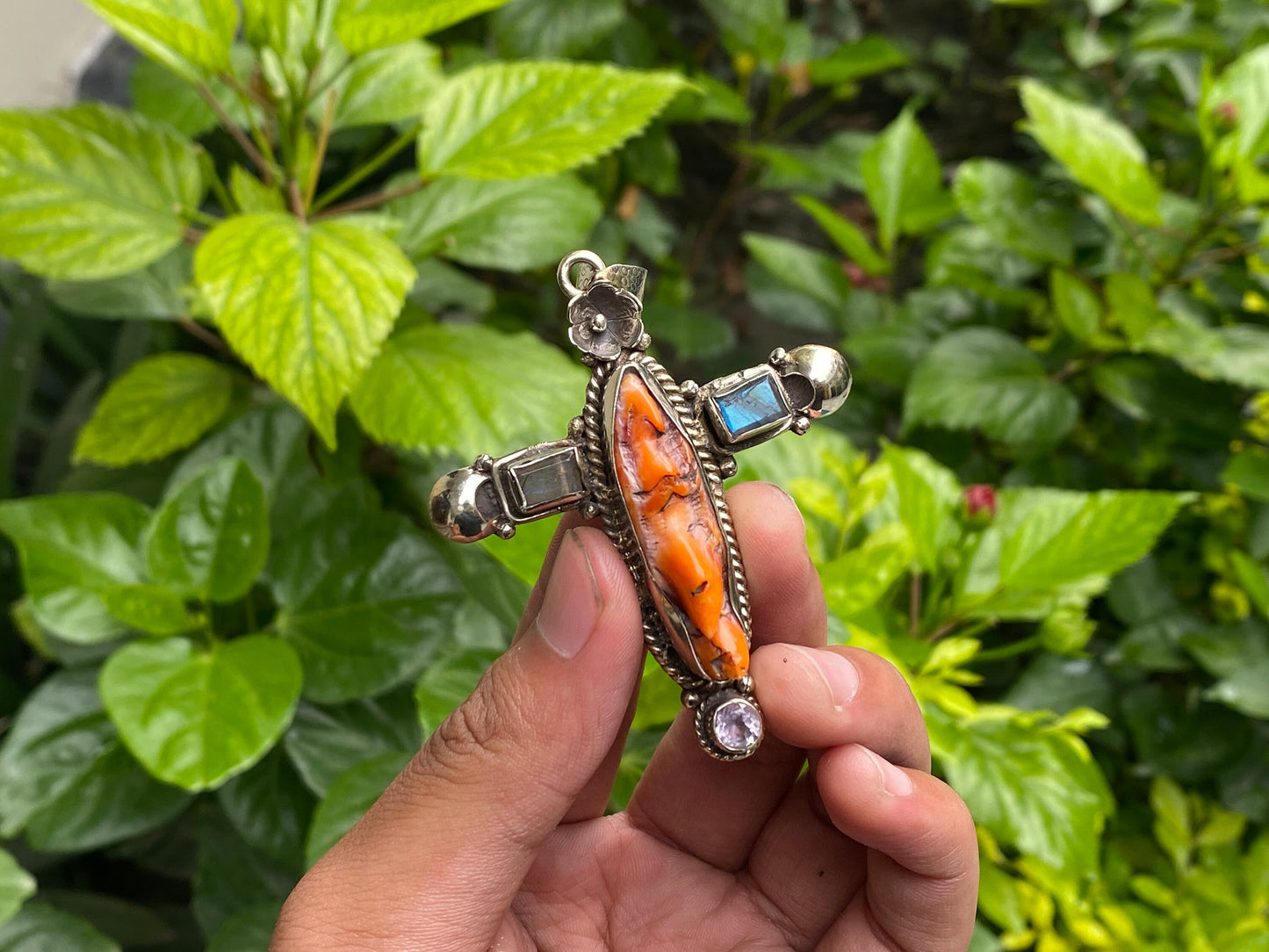 Tibetan Silver Cross Pendant with Spiny Orange Oyster & Natural Gemstones, Hand-carved floral design, Unique wears, Boho Pendant, Gift ideas