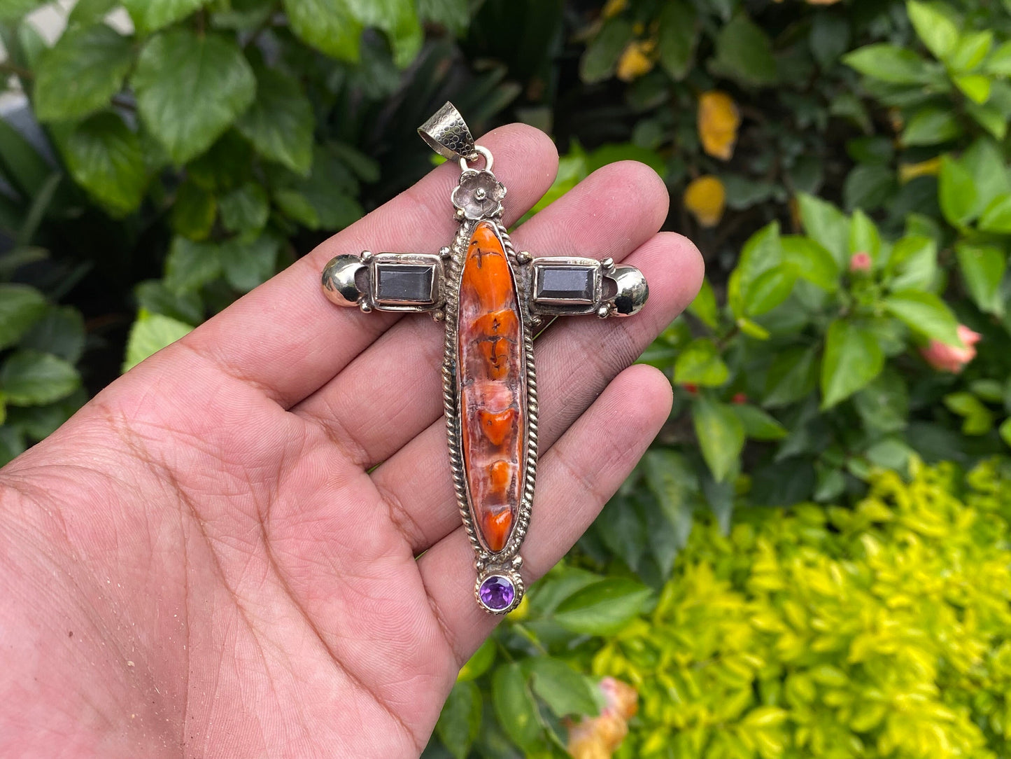 Cross Shaped Spiny Orange Oyster Pendant adorned with Natural Gemstones & Tibetan Silver Details, Healing Pendant, Handmade Unisex Pendant.